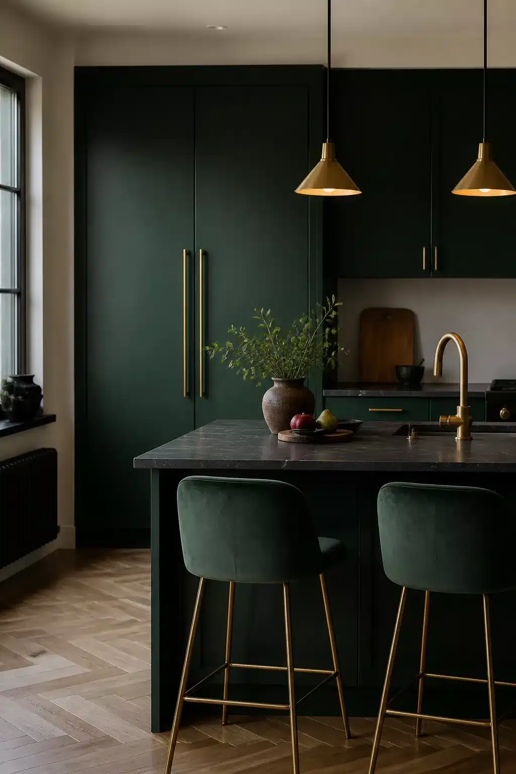 Spruce green kitchen cabinets with gold bar handles, dark stone island, velvet stools and brass pendants