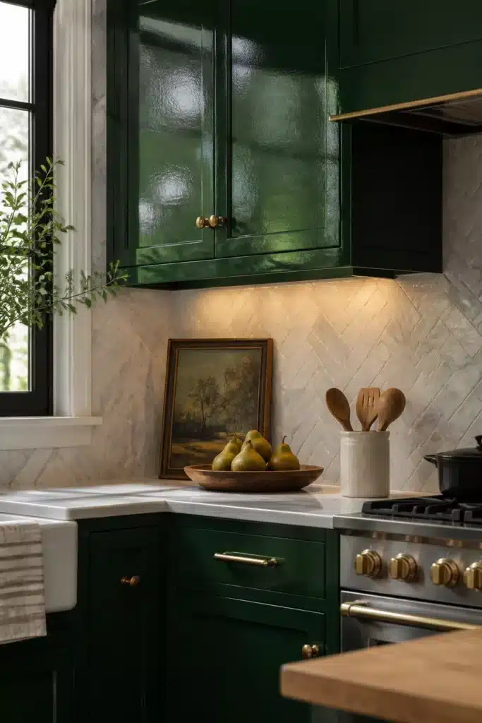 Emerald green gloss kitchen cabinets with antique brass knobs, marble herringbone backsplash, and white stone countertops