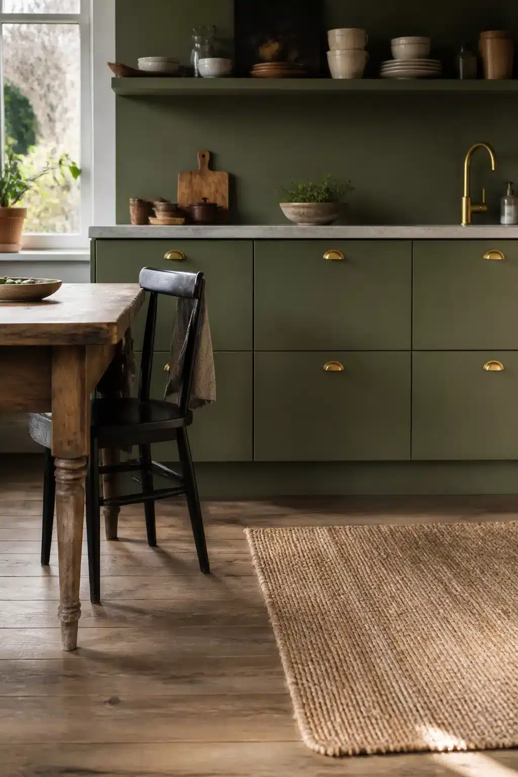 Olive green flat-front kitchen cabinets with gold cup handles, open shelving, and a jute rug on wood floors.