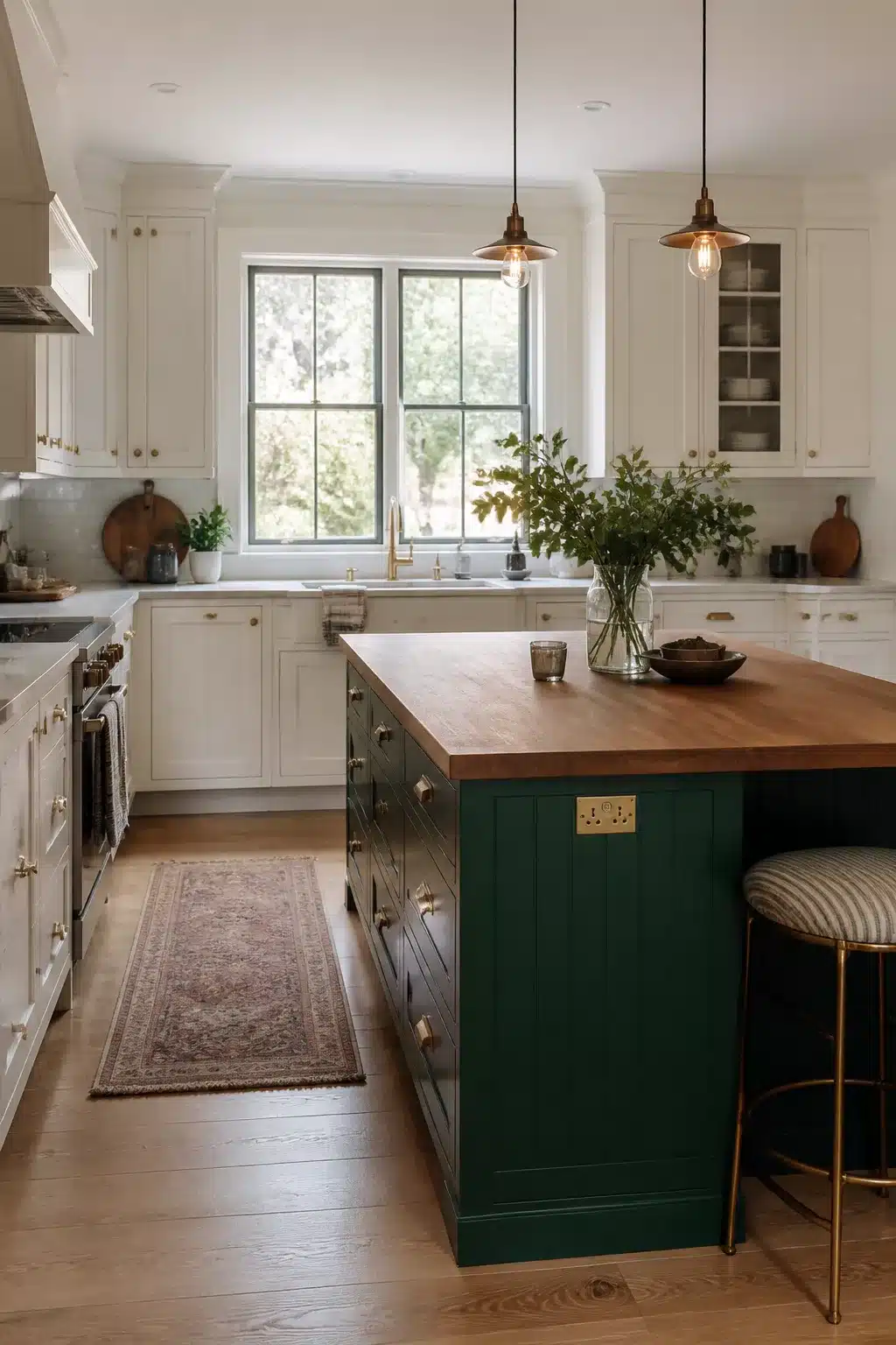Dark bottle green kitchen island with gold finger pull handles and butcher block top — green kitchen cabinets with gold handles
