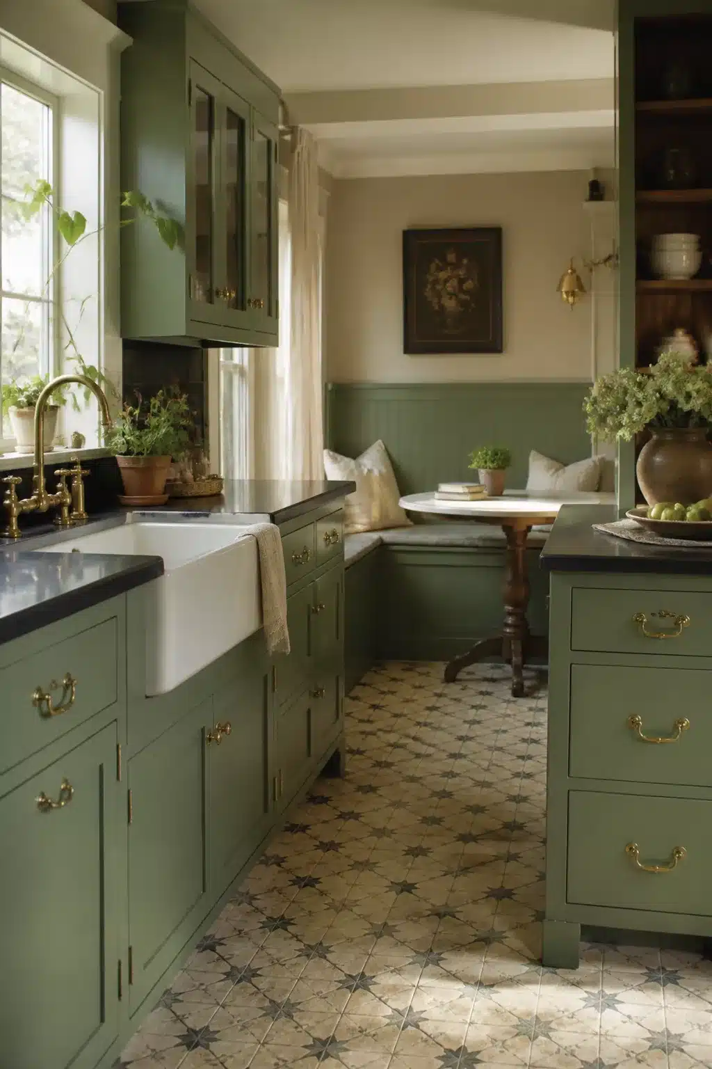 Muted green kitchen cabinets with ornate gold bail handles, farmhouse sink, and vintage star-pattern tile floor