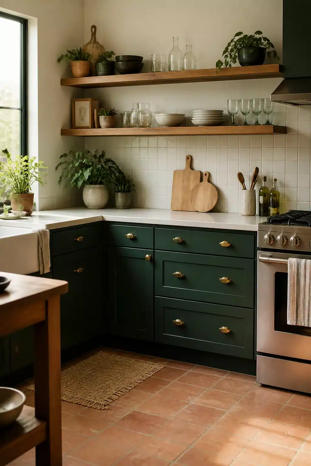 Hunter green kitchen cabinets with gold cup handles, open wood shelves, and terracotta tile floor