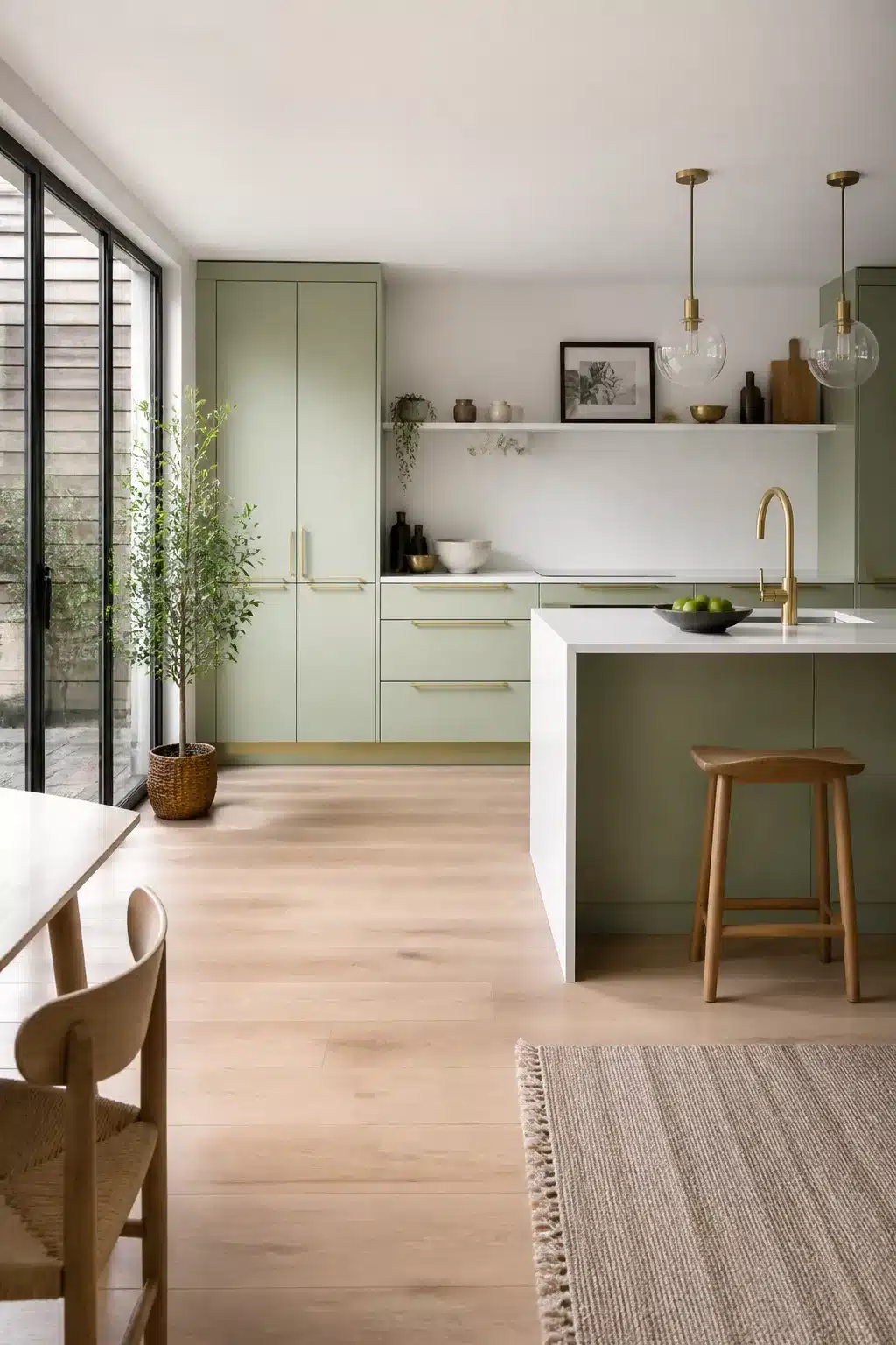 Pale pistachio green kitchen cabinets with slim gold finger-groove handles, white quartz island, and brass pendant lights