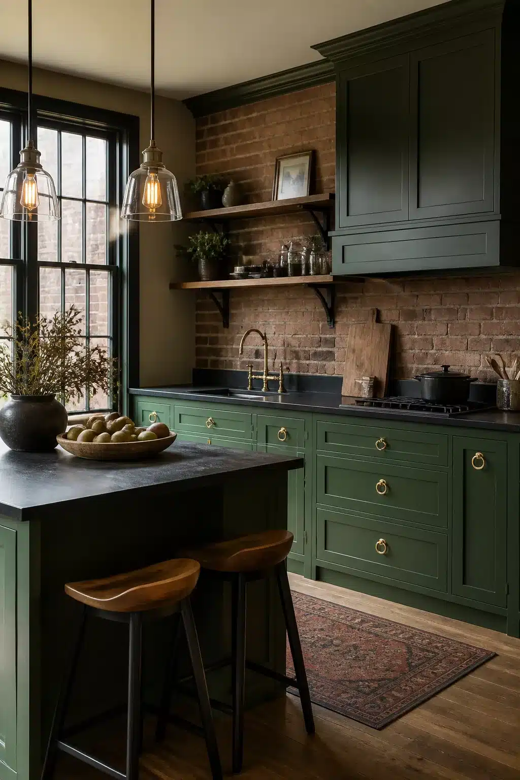 Deep green kitchen cabinets with gold brass ring pulls, exposed brick backsplash and dark countertops