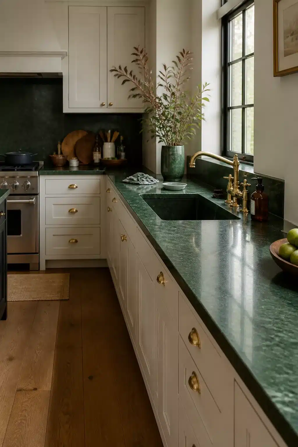 Emerald green kitchen countertops with brass hardware and cream shaker cabinets in a galley-style kitchen