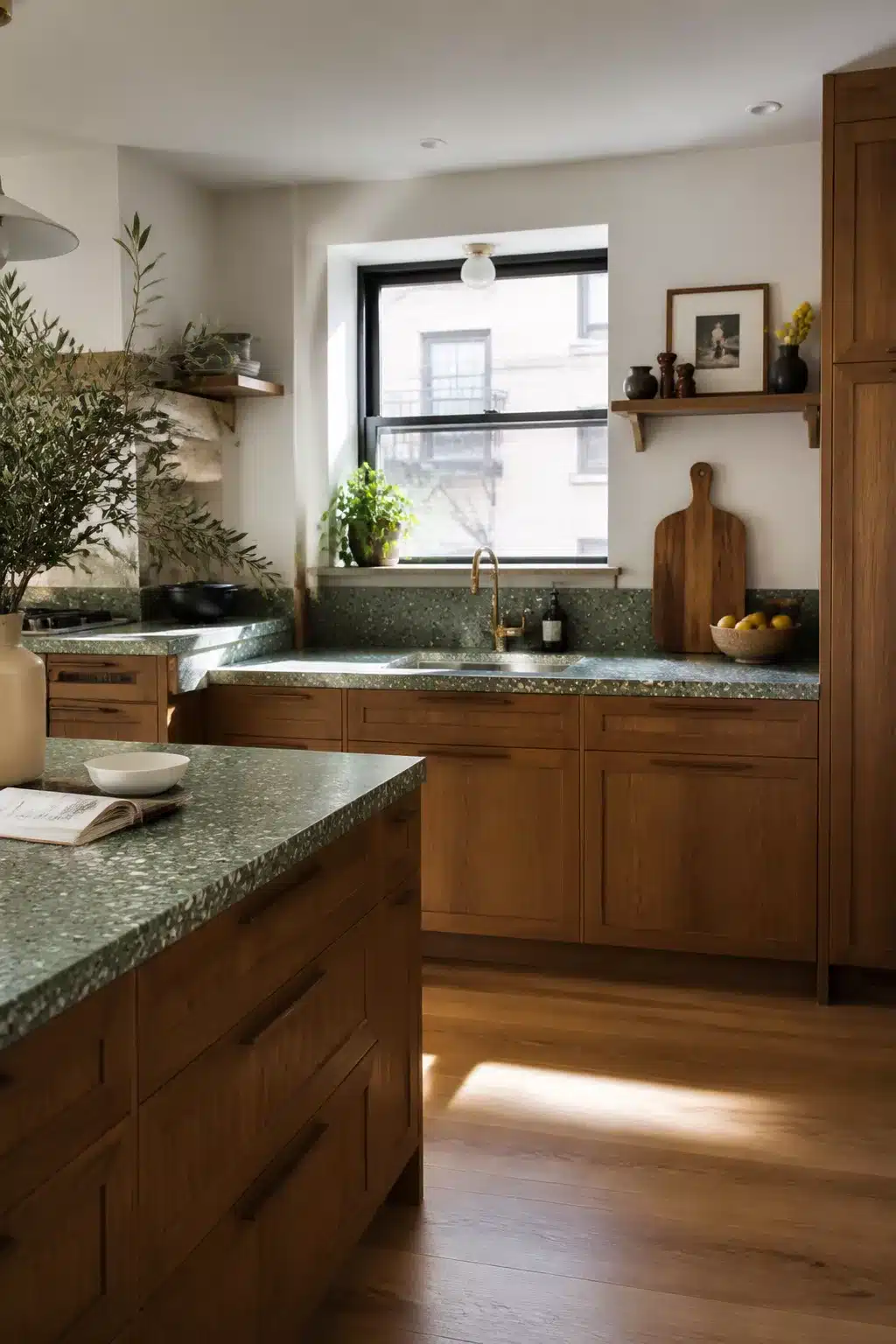 Moss green terrazzo green kitchen countertops paired with warm walnut cabinets and open wood shelving.