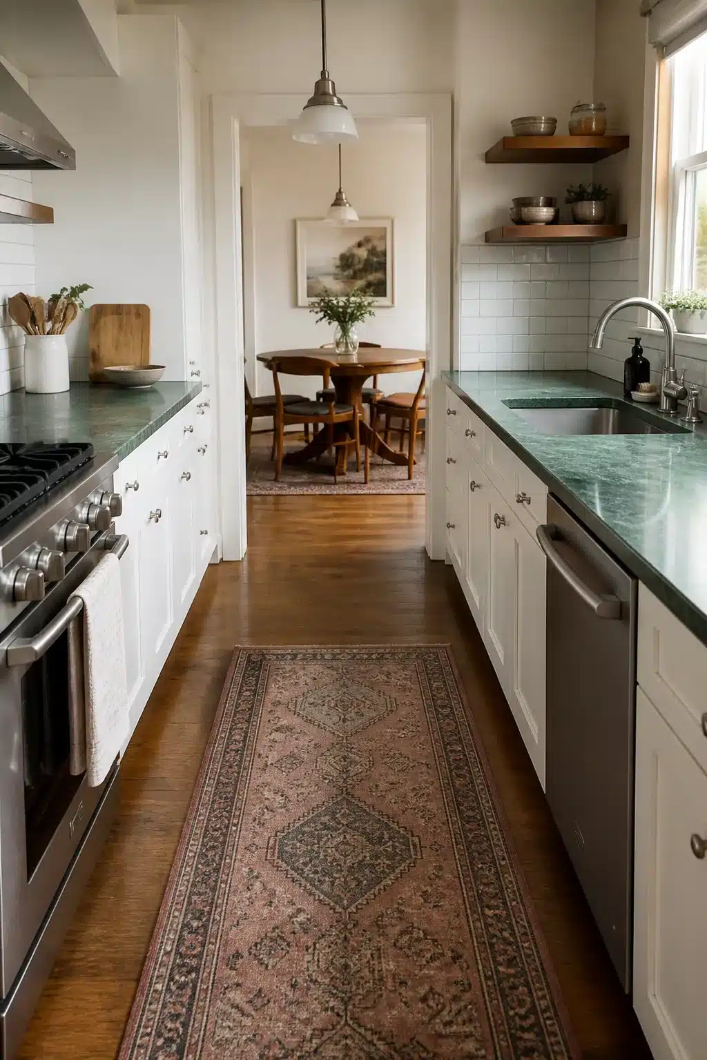 Green kitchen countertops in a galley layout with soapstone, white cabinets, subway tile, and a vintage runner rug.