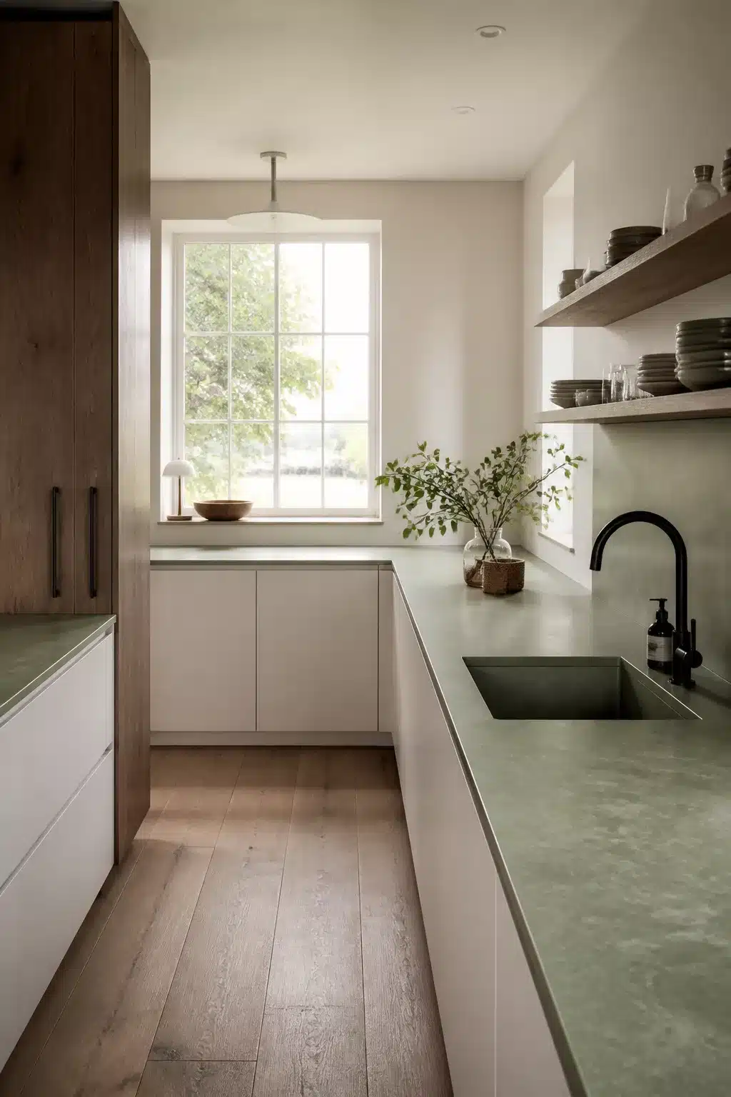 Sage green porcelain slab green kitchen countertop with undermount sink, white cabinets, and warm wood accents.