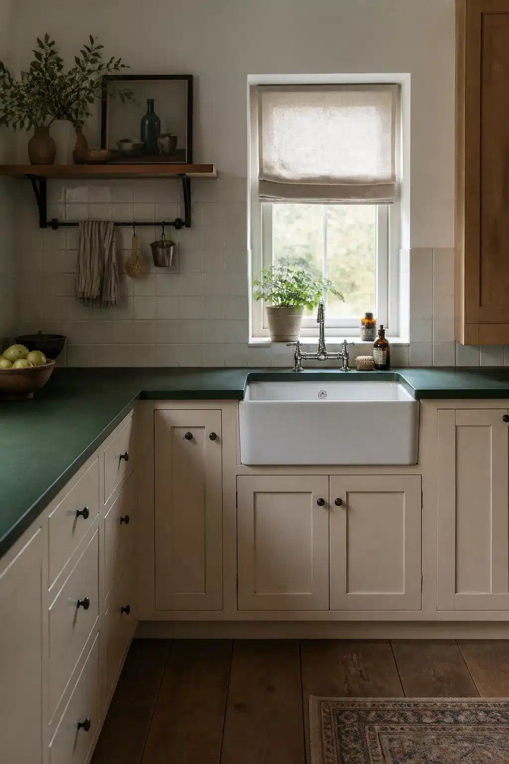 Bottle green painted kitchen countertops with white subway tile, apron sink, and cream shaker cabinets