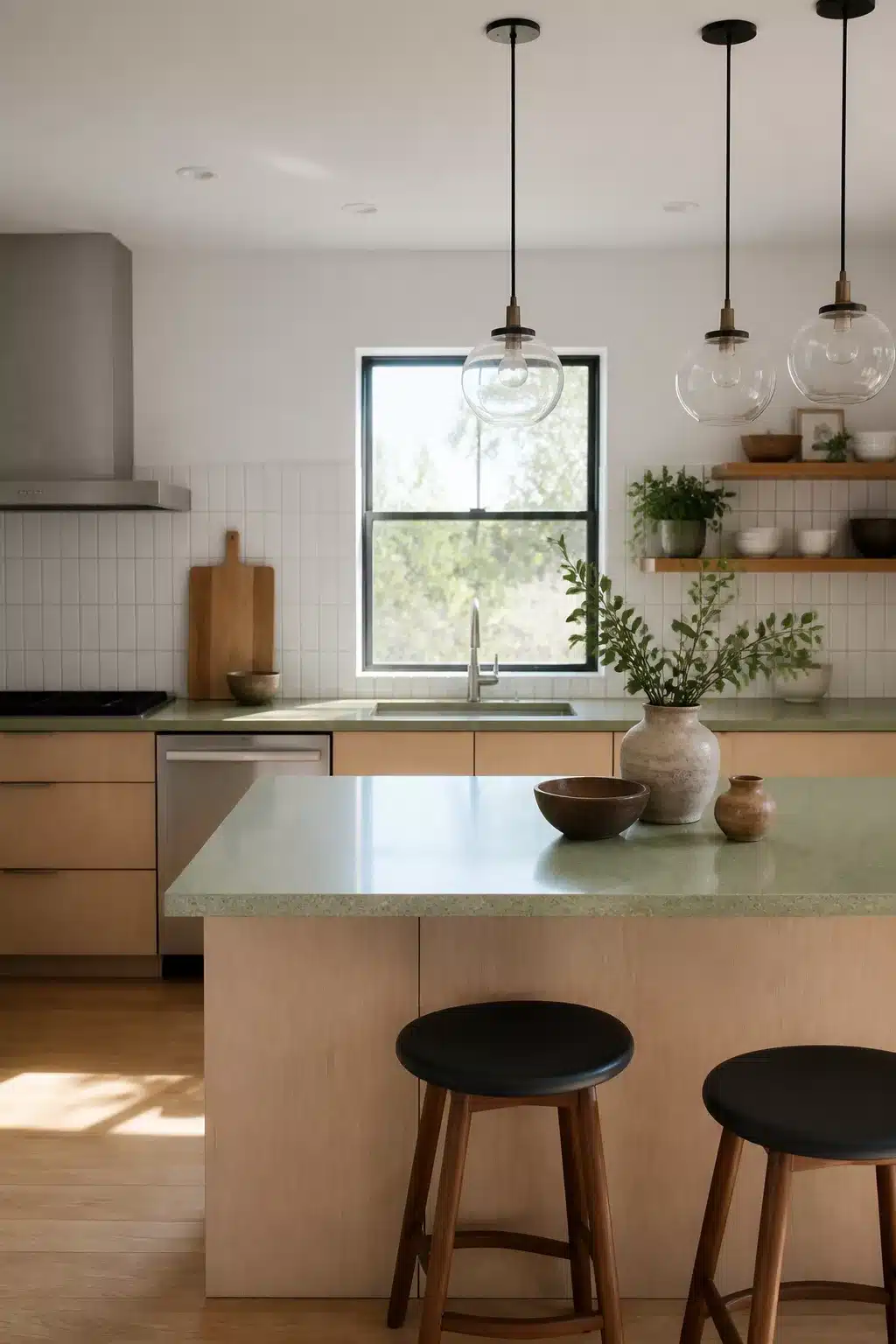Pistachio green kitchen countertops on a light oak island with globe pendants and white subway tile backsplash