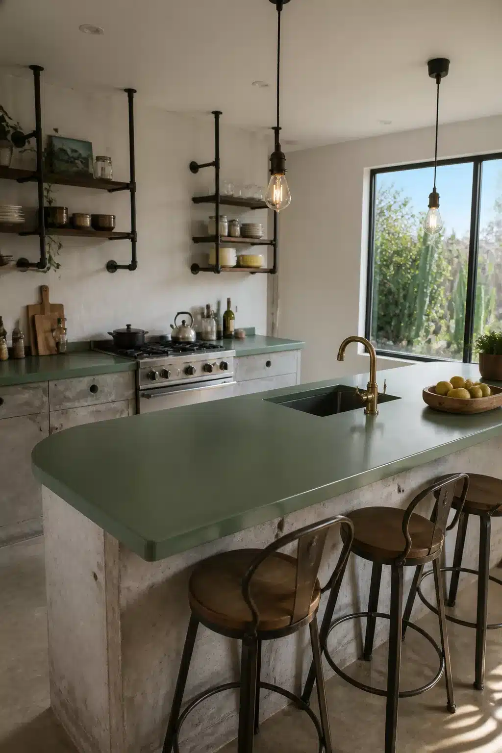 Eucalyptus green resin kitchen countertop on a raw concrete island base with brass faucet and metal barstools