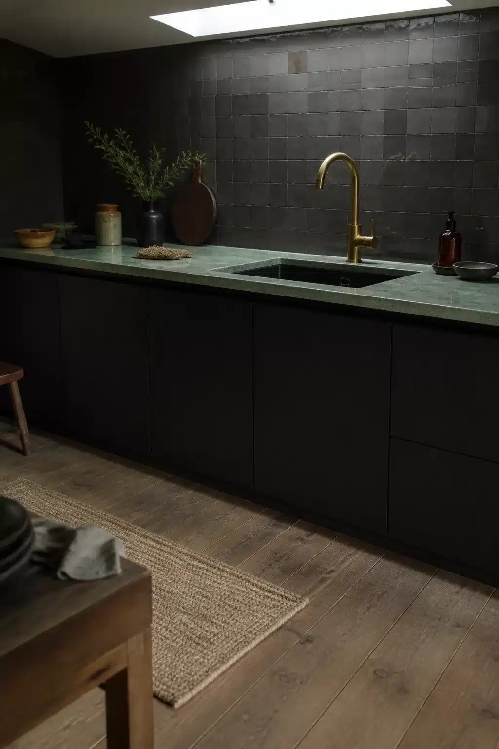 Green marble kitchen countertops with matte black flat-front cabinets and brass faucet lit by a skylight