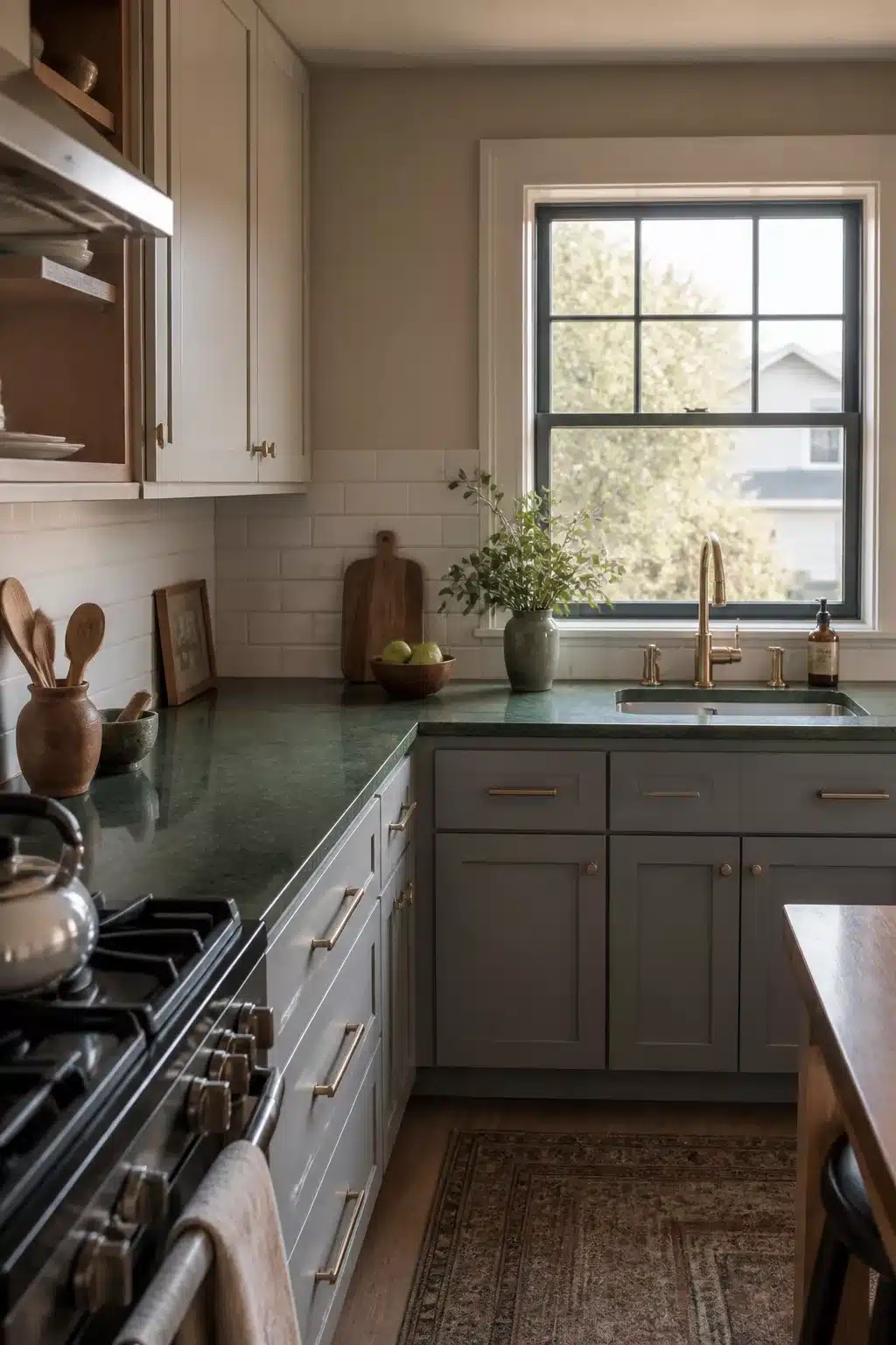 Forest green engineered stone countertops on an L-shaped kitchen with gray shaker cabinets and brass hardware