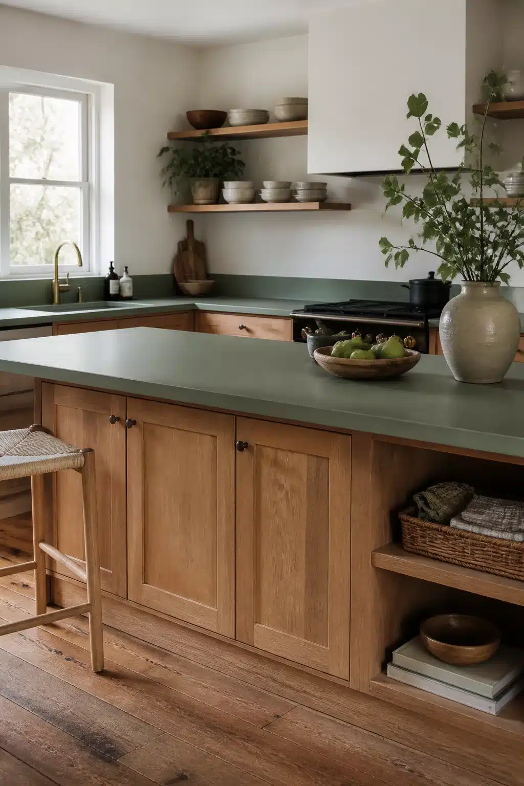 Sage green concrete kitchen countertops on a warm oak island with open shelving and hardwood floors