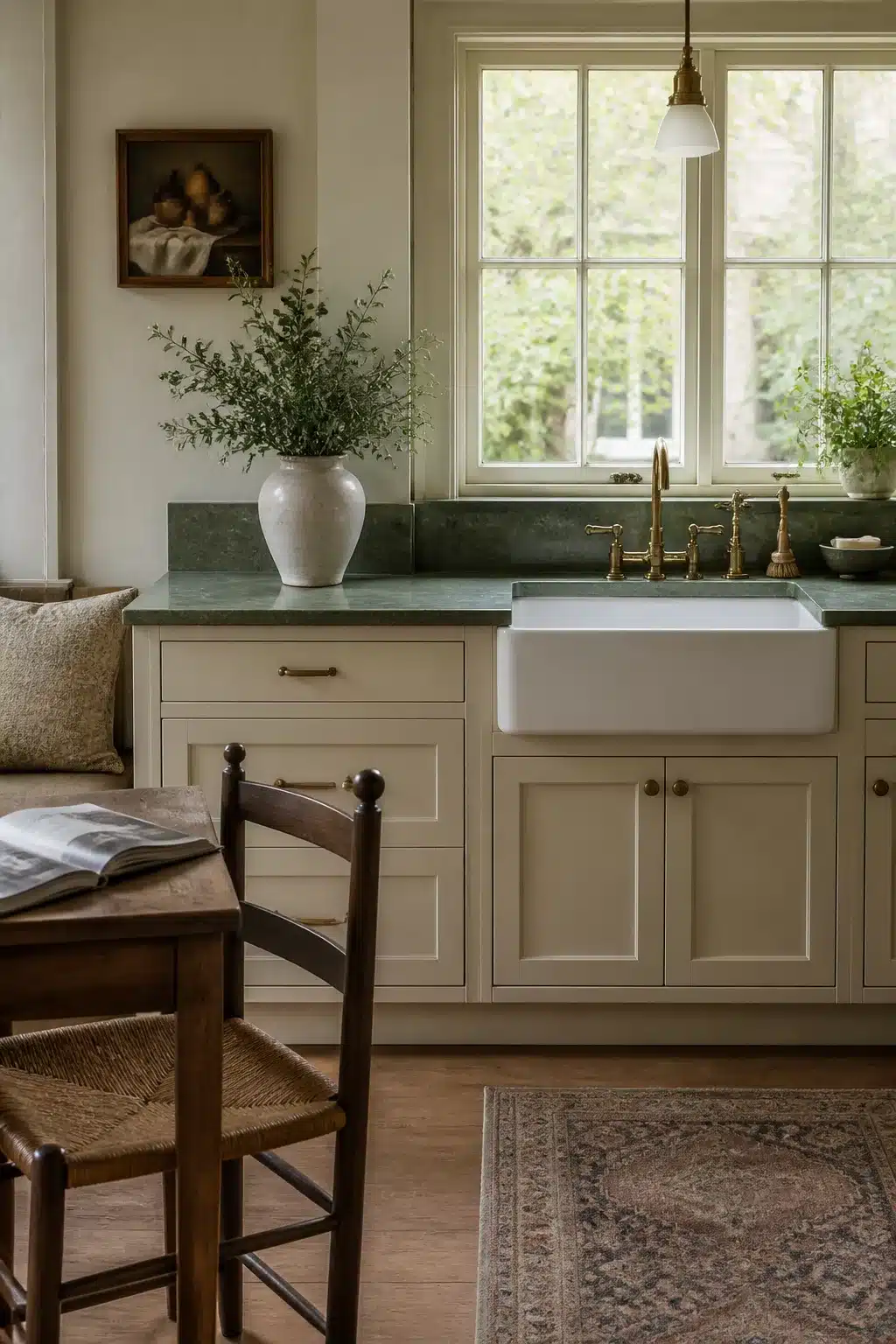 Honed green kitchen countertops with a white farmhouse sink, brass faucet, and cream inset cabinets.