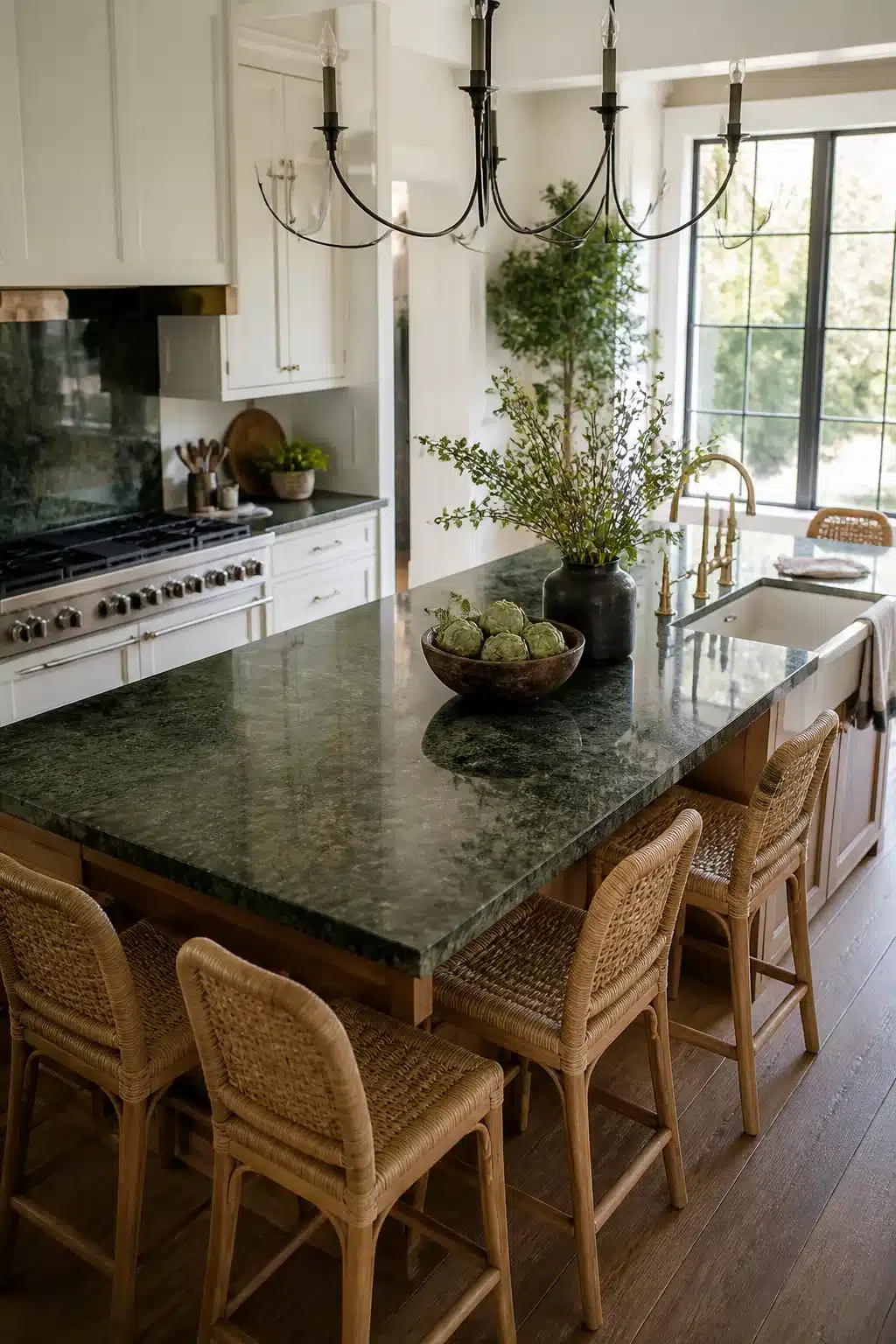 Jungle green granite kitchen countertop on large island with rattan stools and brass fixtures — green kitchen countertops idea