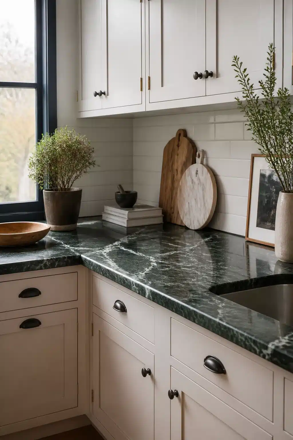 Dark forest green marble kitchen countertops with white veining, white shaker cabinets, and black hardware