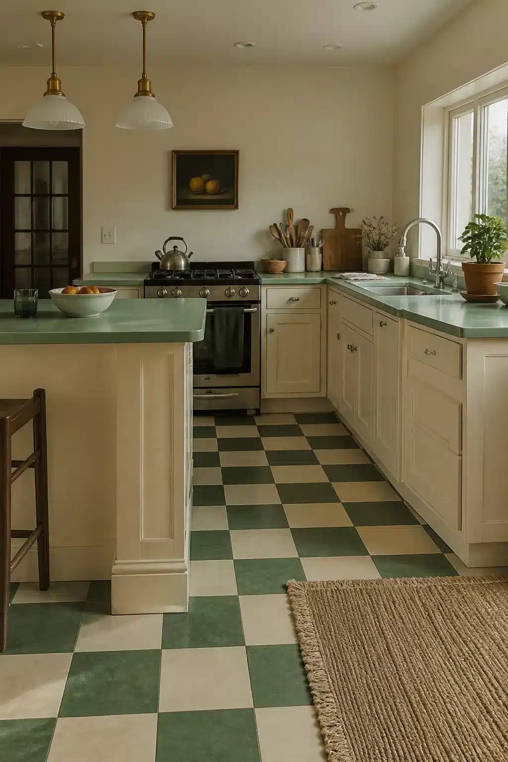 Mint green laminate kitchen countertops on cream cabinets with a green checkerboard tile floor and brass pendant lights.