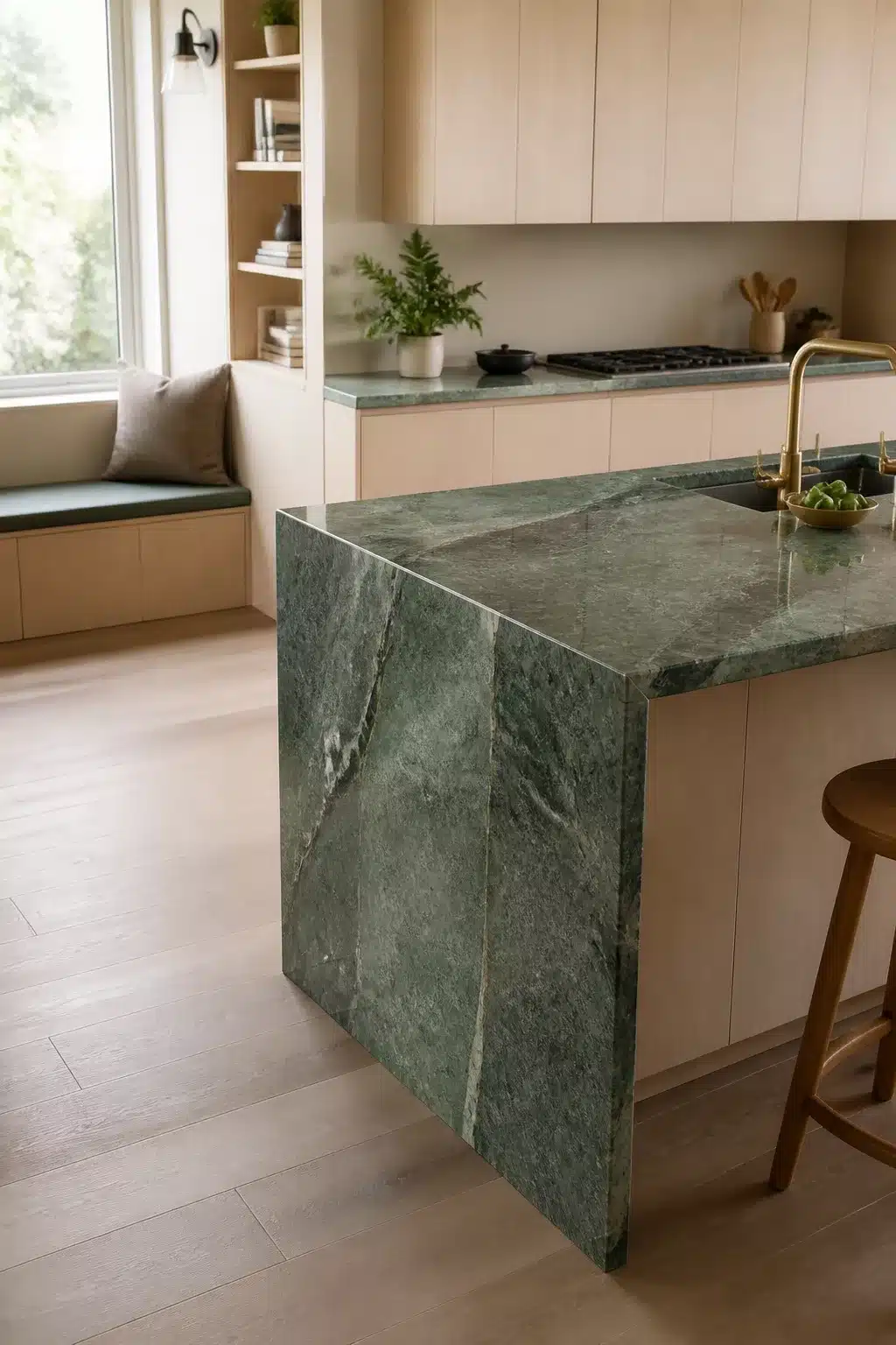 Jewel-toned green quartzite waterfall edge island — green kitchen countertops with brass fixtures and light wood cabinets