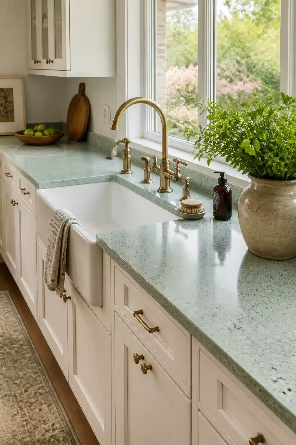 Pale seafoam green kitchen countertops with white shaker cabinets, brass faucet, and farmhouse sink