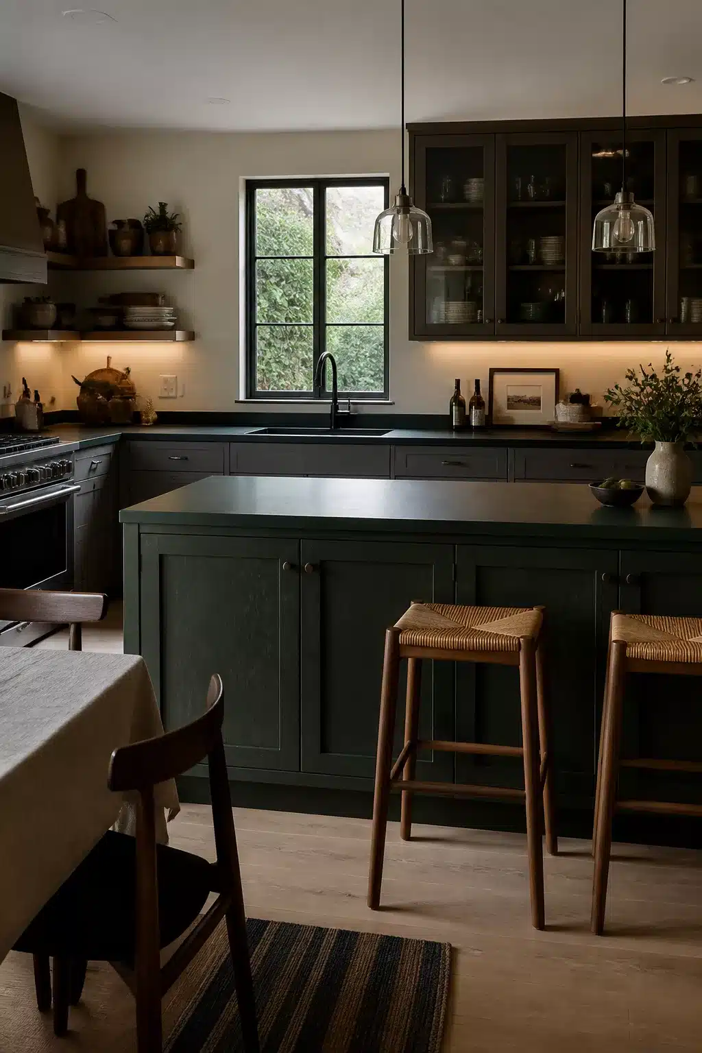 Hunter green kitchen countertops on a shaker island with woven barstools and dark cabinetry
