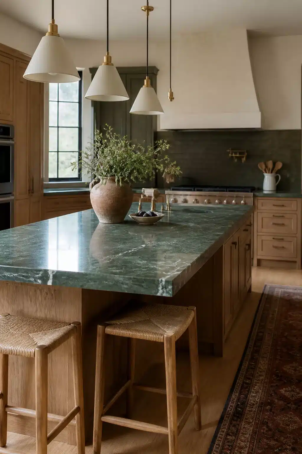 Veined green marble kitchen countertop on a large island with oak cabinets and woven barstools — green kitchen countertops idea