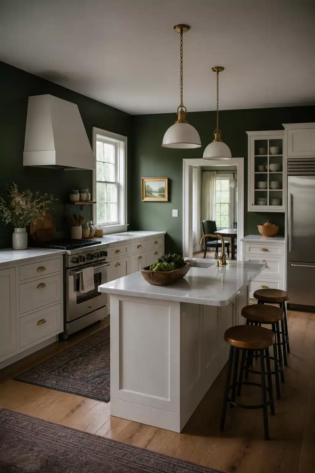 Deep forest green kitchen walls with white cabinets, brass cup pulls, and a marble island — green kitchen walls idea