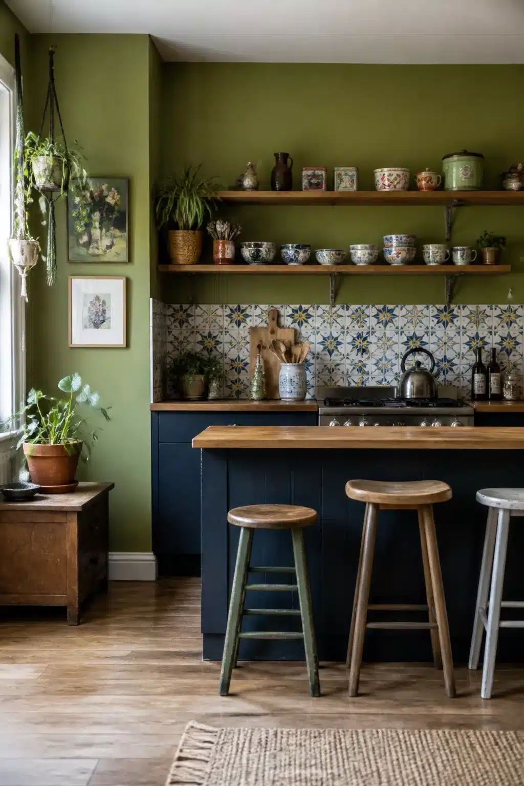 Avocado green kitchen walls with patterned tile backsplash, navy cabinets, open shelves, and eclectic ceramics