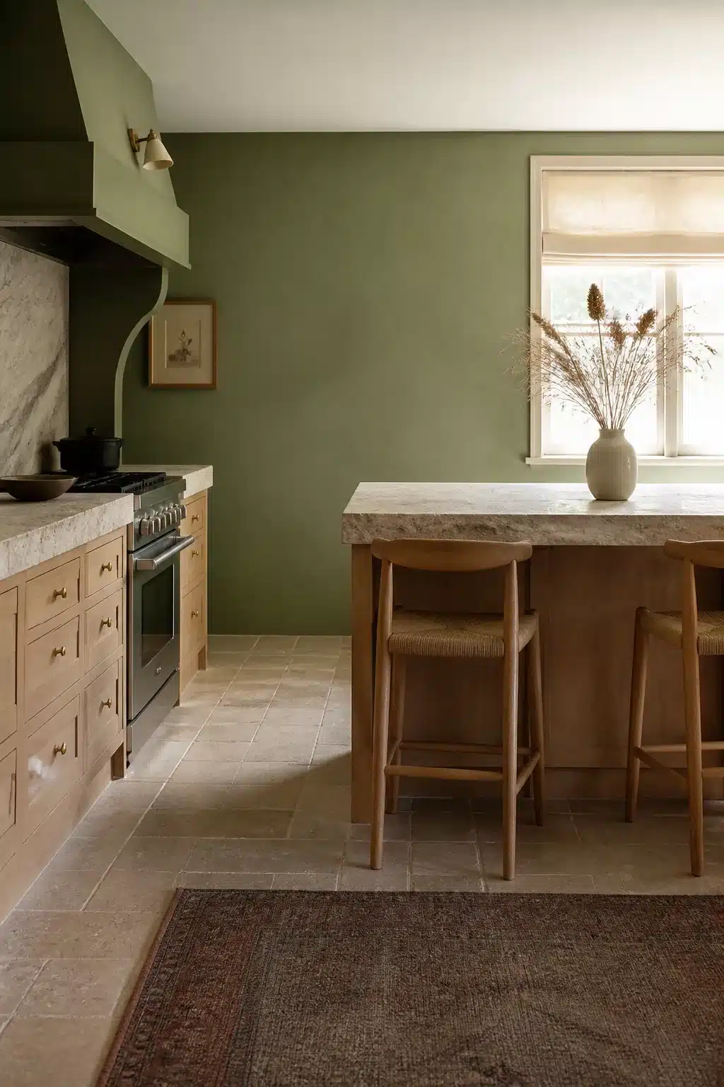 Muted eucalyptus green kitchen walls with oak cabinets, stone countertops, and travertine tile floor