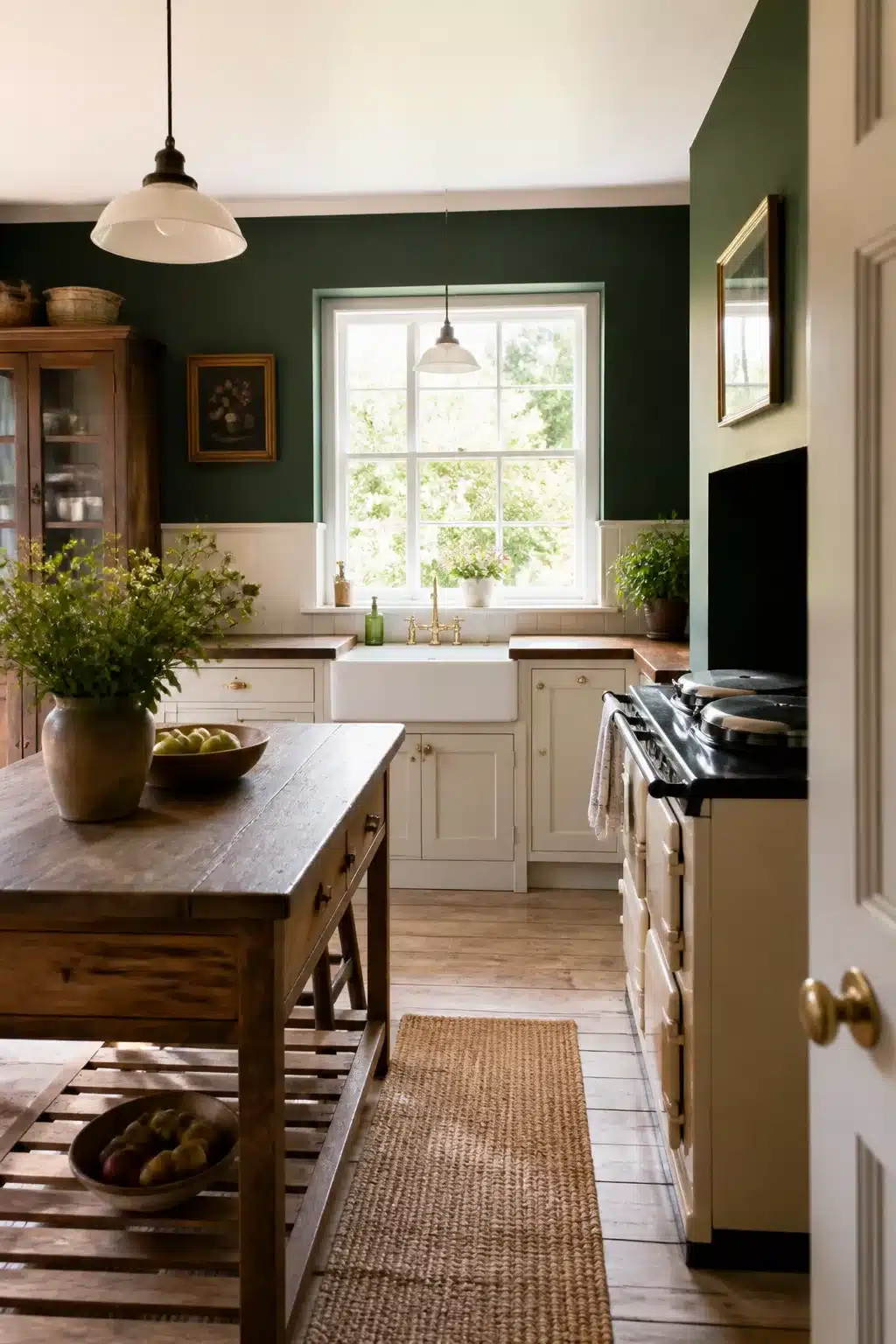 Racing green kitchen walls with cream shaker cabinets, farmhouse sink, and wood island — green kitchen walls done right.