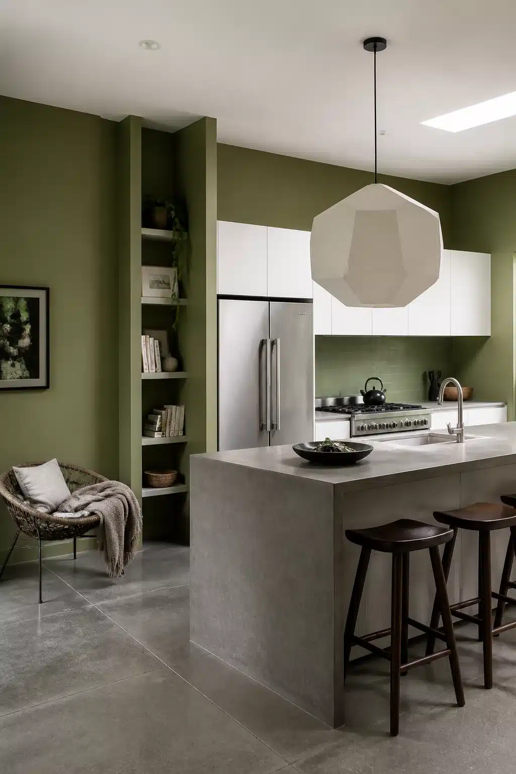 Olive green kitchen walls with white flat-front cabinets, concrete island, and geometric pendant light