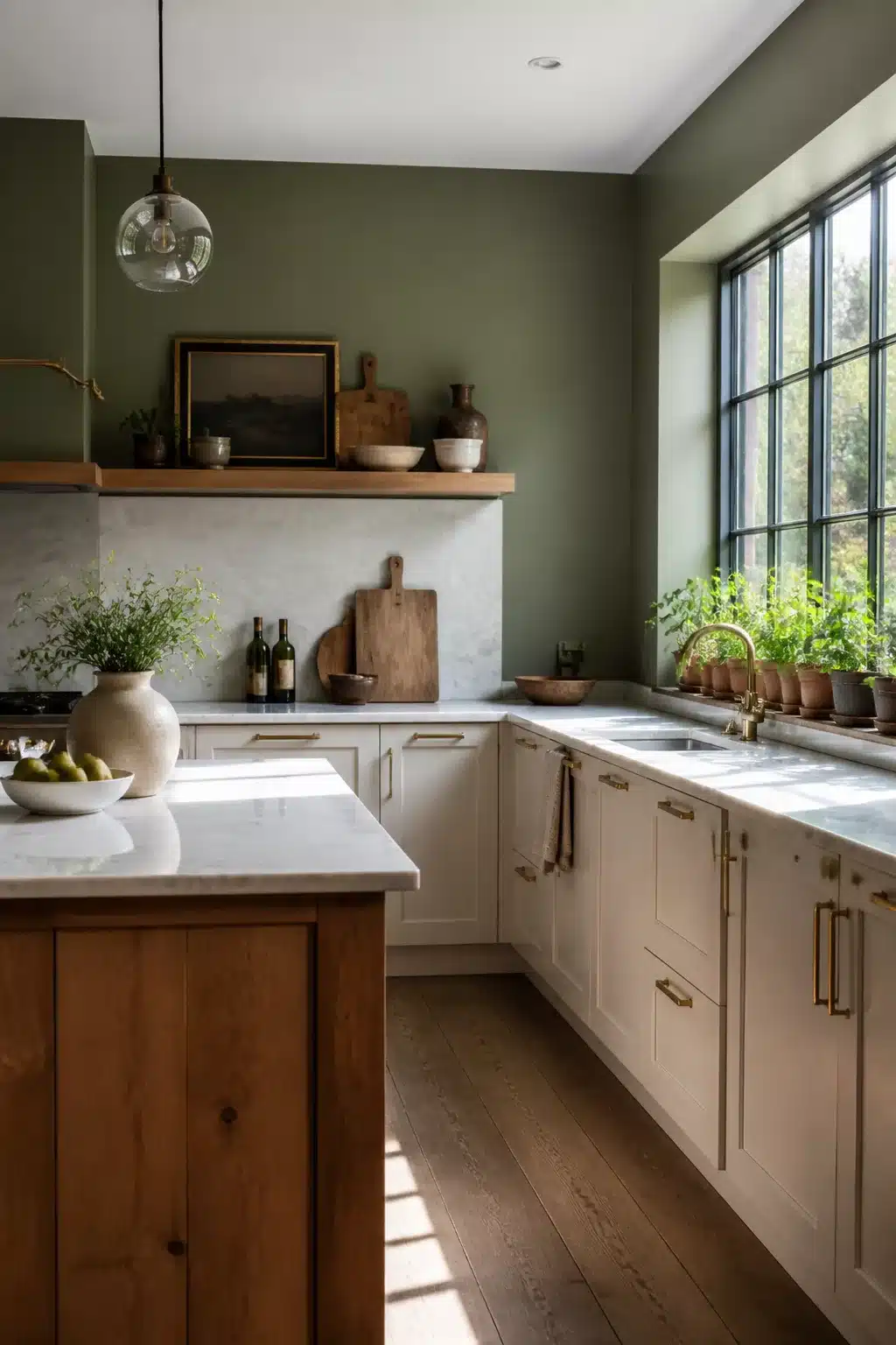 Sage green kitchen walls with black steel window frames, cream shaker cabinets, brass pulls, and marble countertops