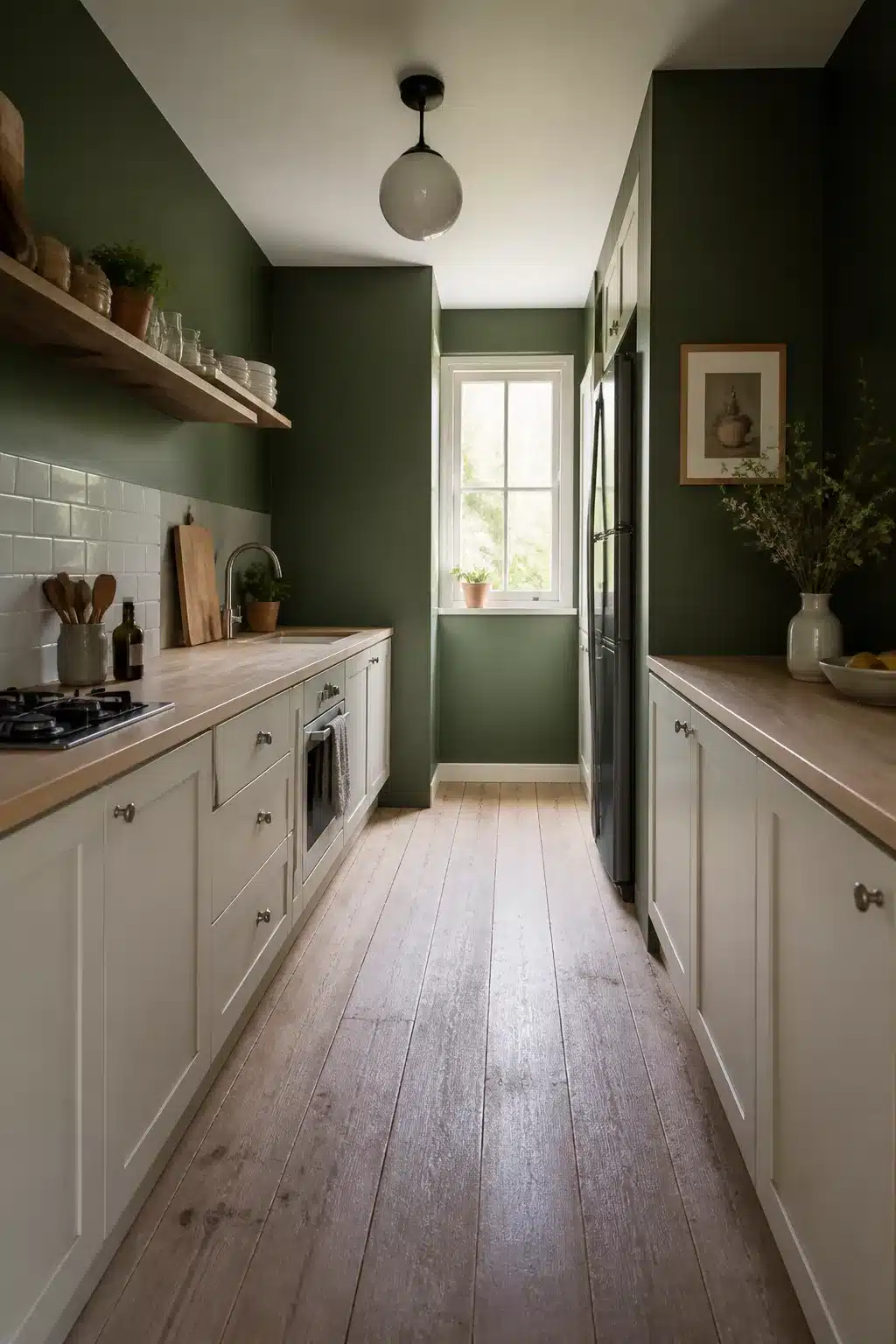 Narrow galley kitchen with deep forest green walls, cream shaker cabinets, and pale wood countertops