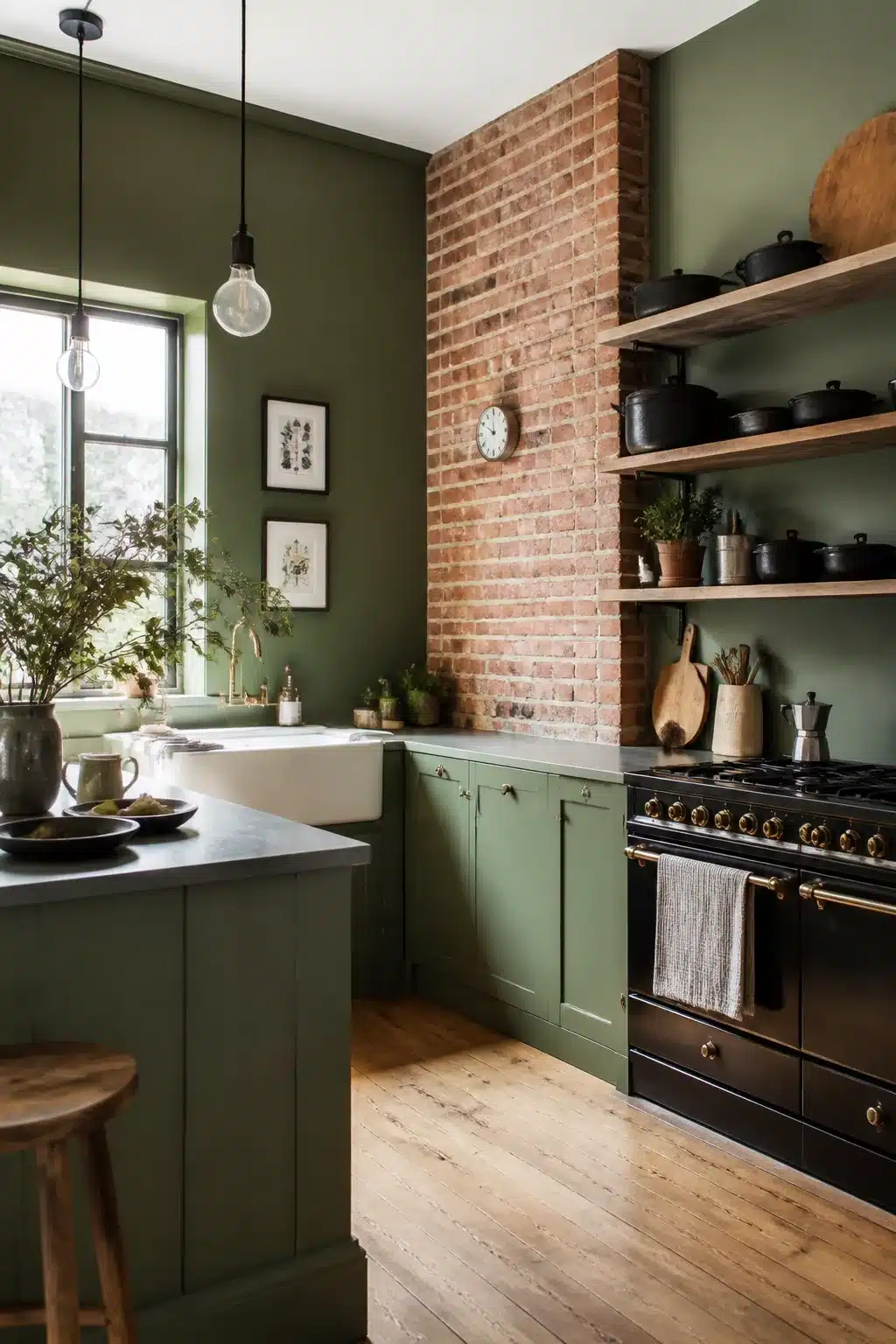 Khaki green kitchen walls with exposed brick chimney, black range, open wood shelves, and farmhouse sink