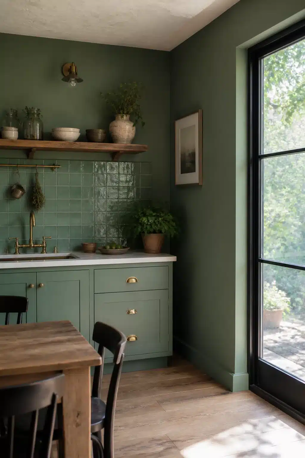 Teal-green kitchen walls with zellige tile backsplash, brass faucet, wood shelf, and black steel garden door