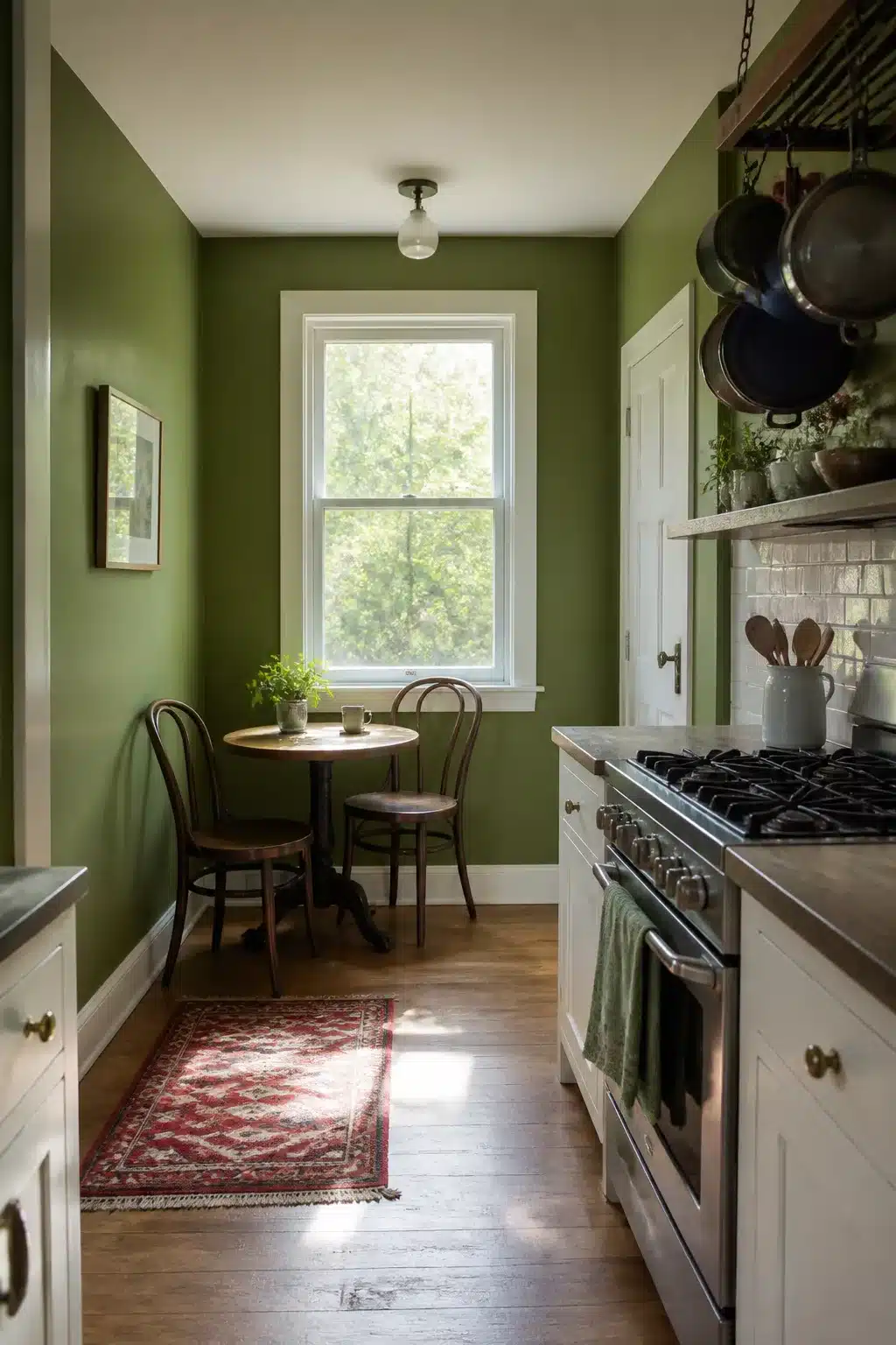 Fern green kitchen walls with a bistro breakfast nook, Persian rug, and hanging cast iron pans