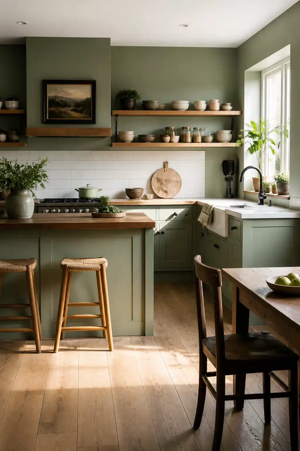 Sage green kitchen walls with open wooden shelving, white subway tile backsplash, and butcher-block counters