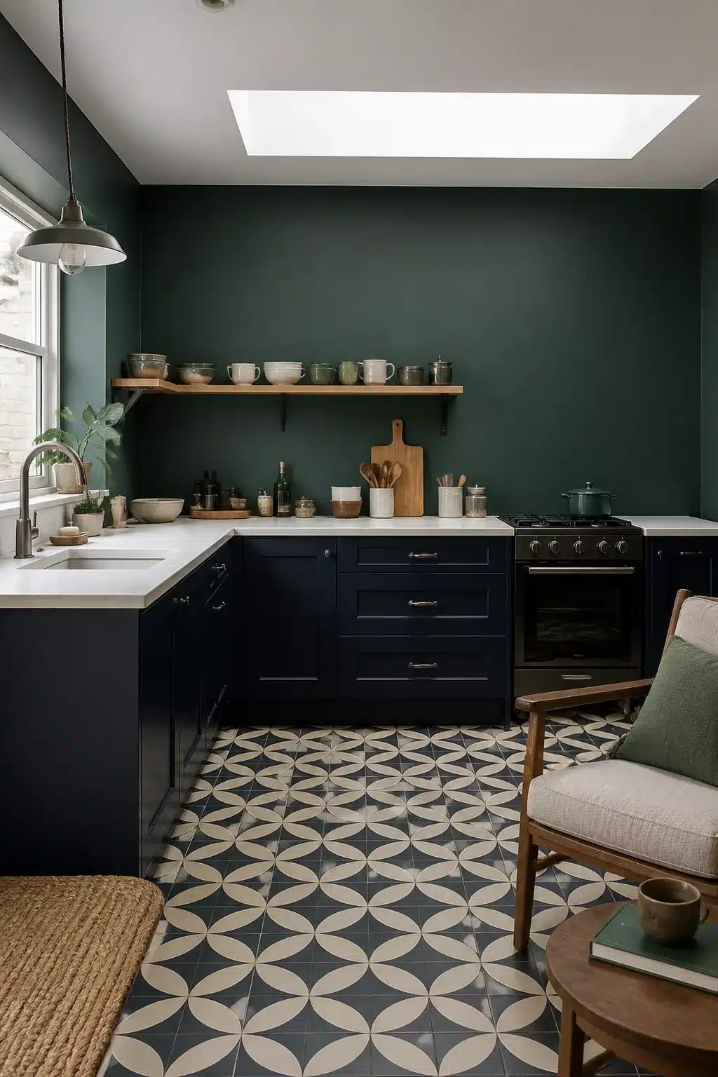 Dark teal green kitchen walls with navy cabinets, white countertops, and geometric cement tile floor