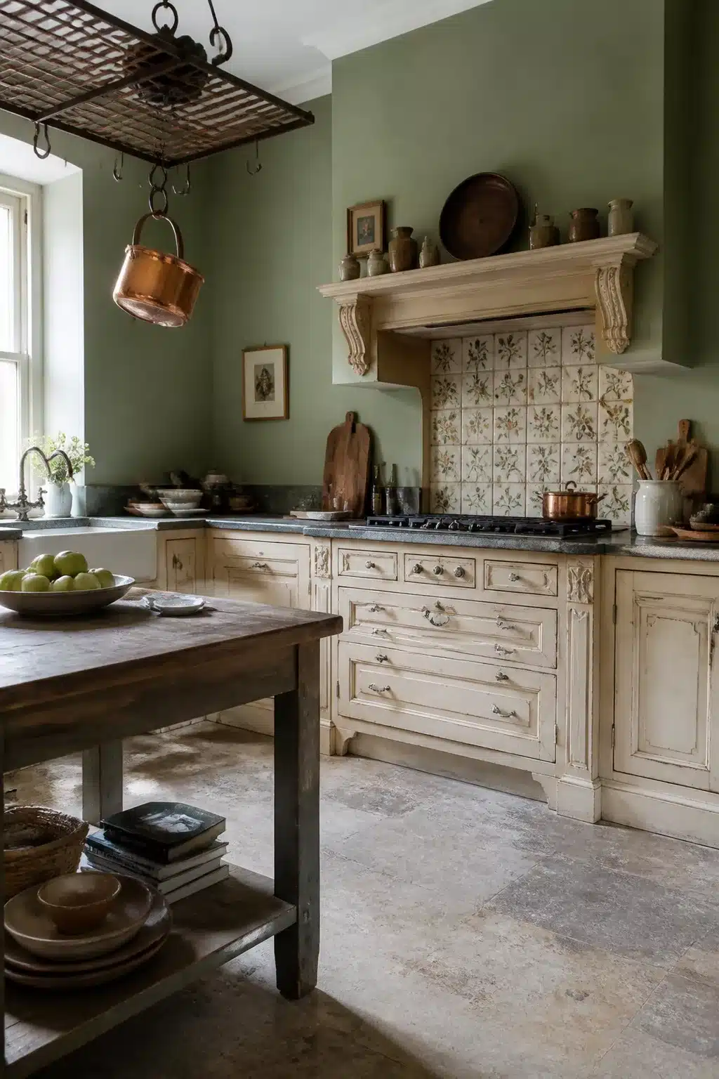 Faded sage green kitchen walls with hand-painted floral tile backsplash, carved stone hood, and worn cream cabinetry
