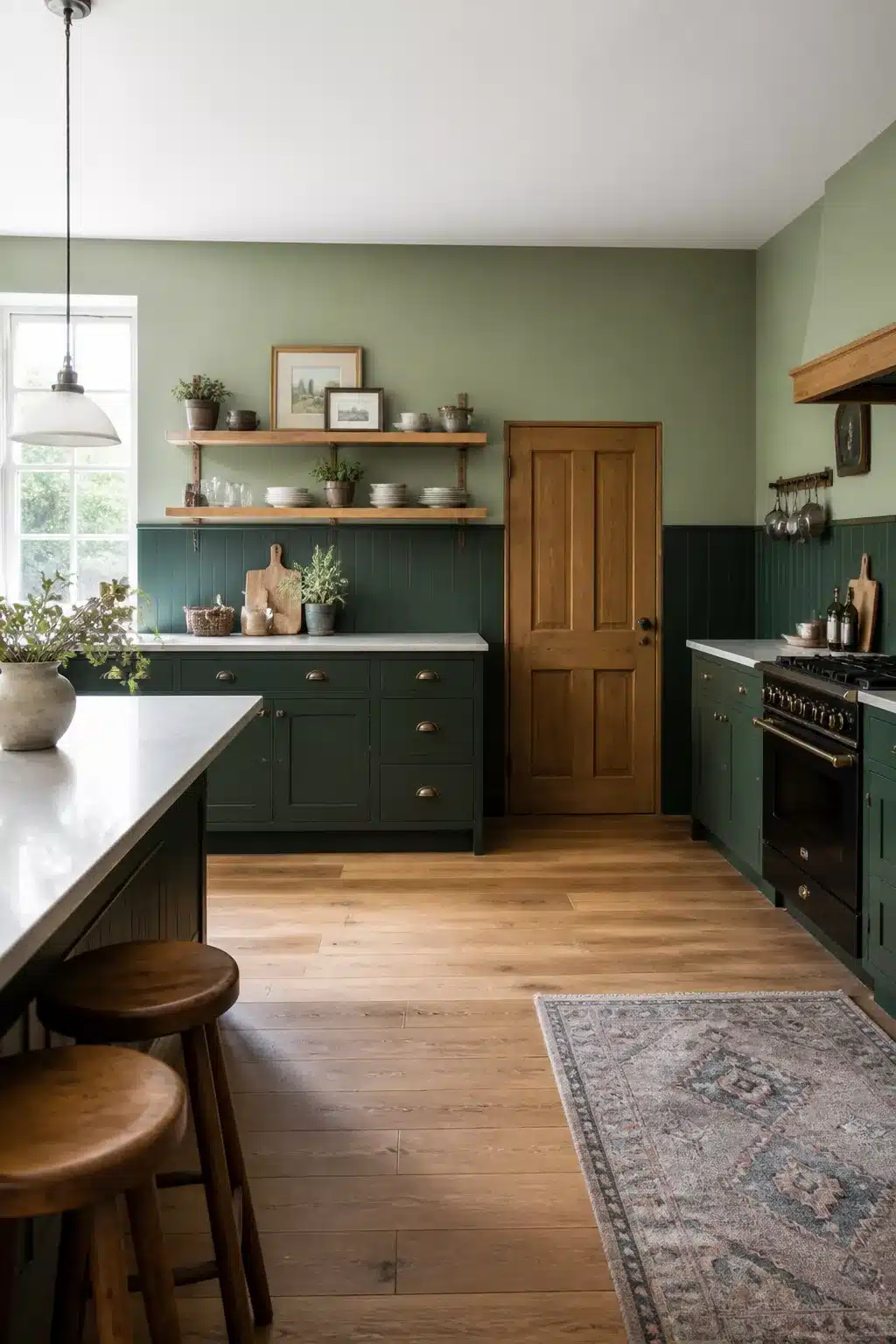 Two-tone green kitchen walls with sage upper half and dark green beadboard paneling below, oak shelves and warm wood accents