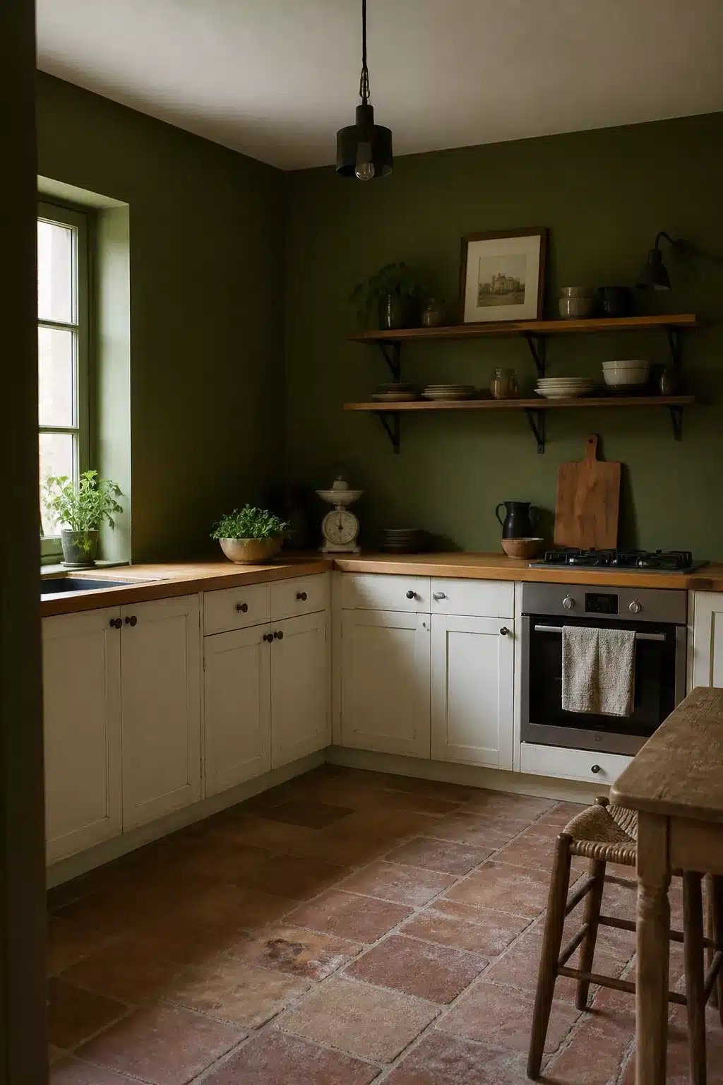 Olive green kitchen walls with white shaker cabinets, butcher block countertops, and rustic terracotta tile floor