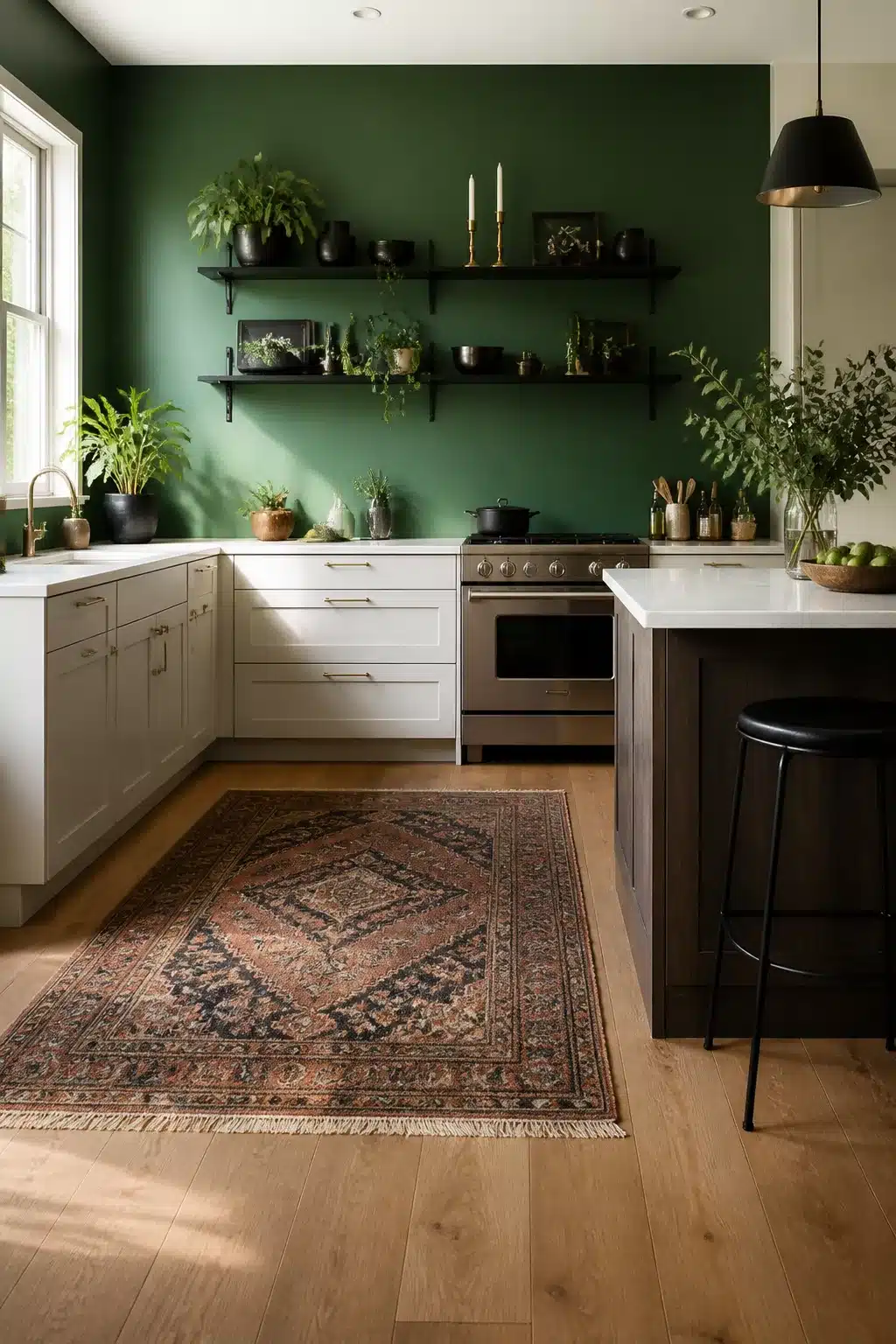 Emerald green kitchen walls with black open shelves, white cabinets, and a vintage rug on hardwood floors