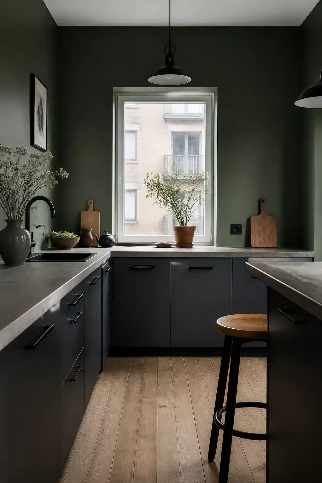 Hunter green kitchen walls with matte black fixtures, concrete countertops, charcoal cabinets, and oak wood floors