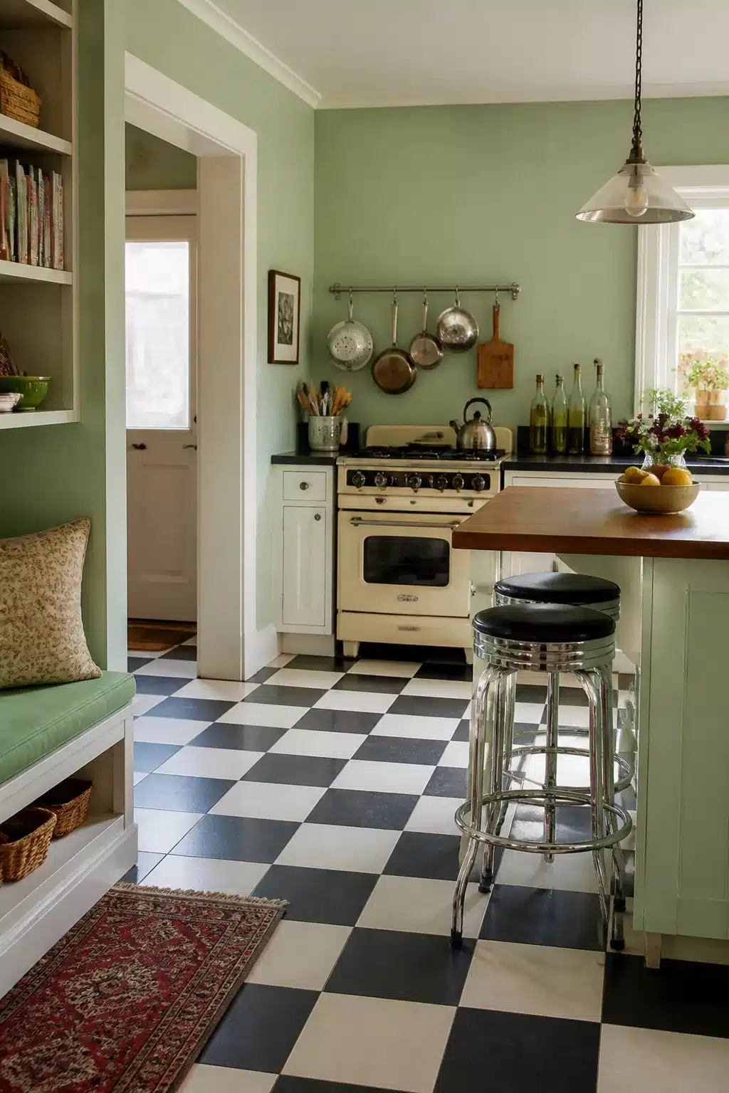 Mint green kitchen walls with black-and-white checker floor, cream vintage range, and chrome diner stools