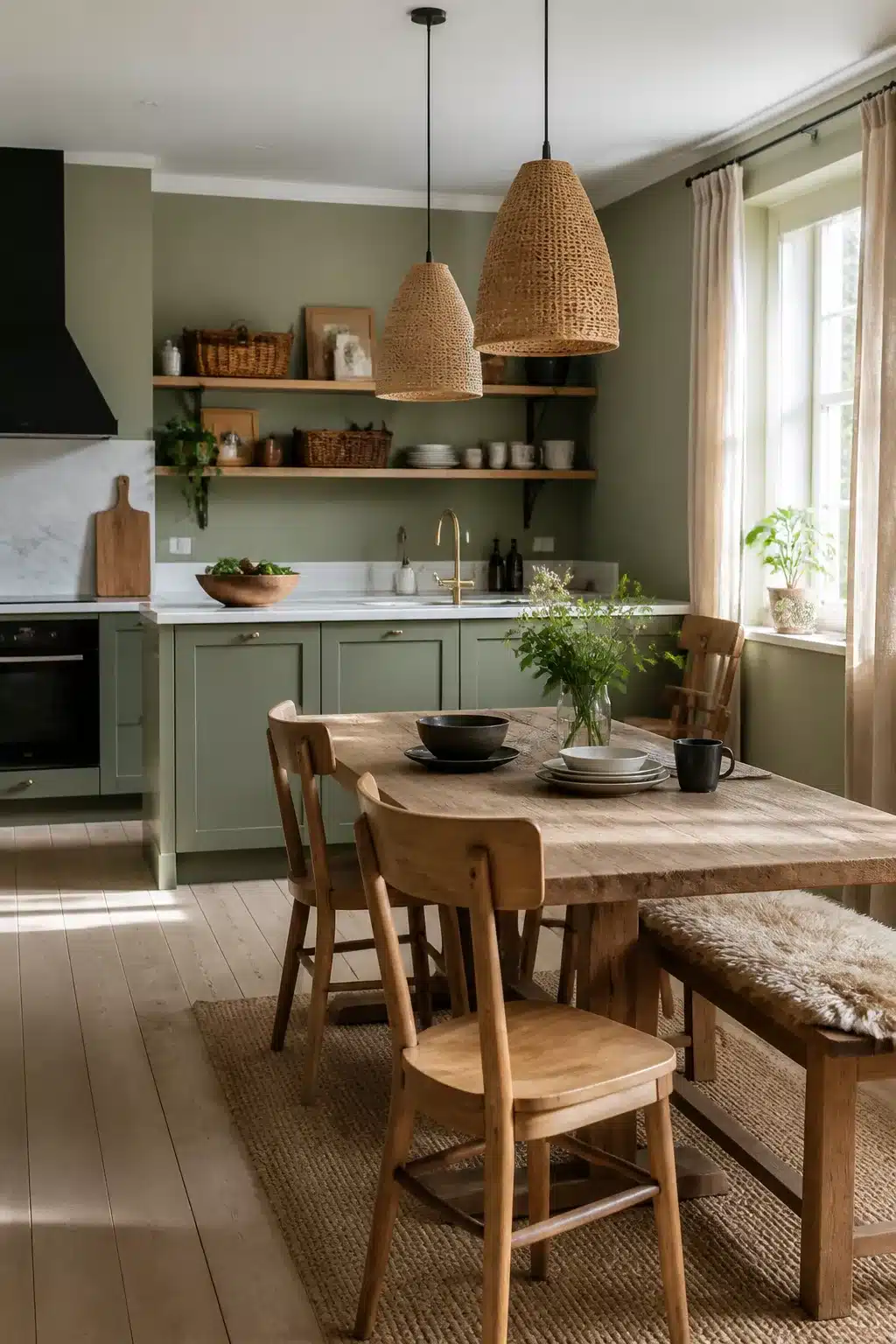 Sage green kitchen walls with rattan pendant lights, raw wood dining table, and open shelving in a cozy kitchen-diner