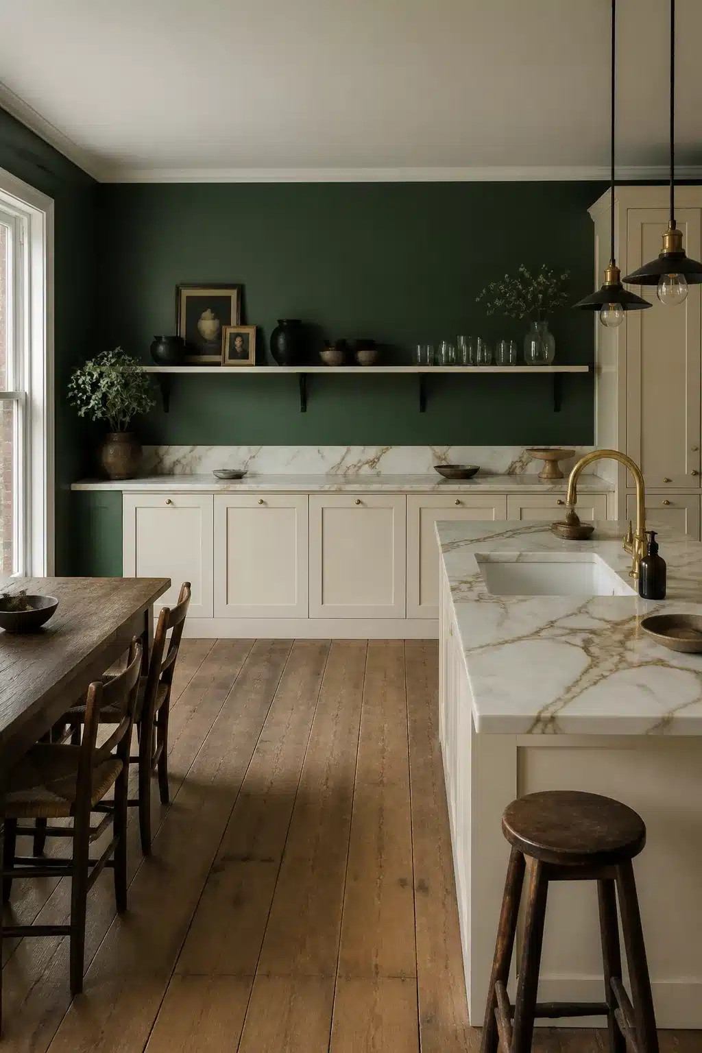 Dark bottle green kitchen walls with white marble island, brass faucet, and wide-plank wood floors