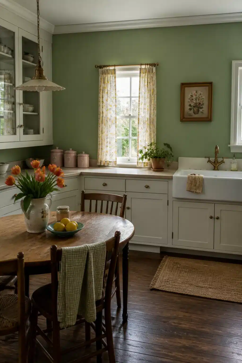 Pale pistachio green kitchen walls with white shaker cabinets, floral curtains, farmhouse sink, and antique wood table.