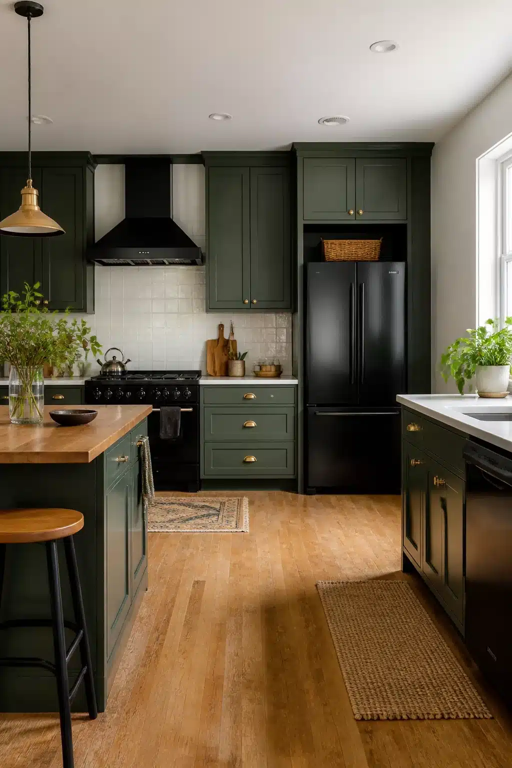 Dark forest green shaker kitchen with black appliances, brass hardware, butcher block island, and hardwood floors