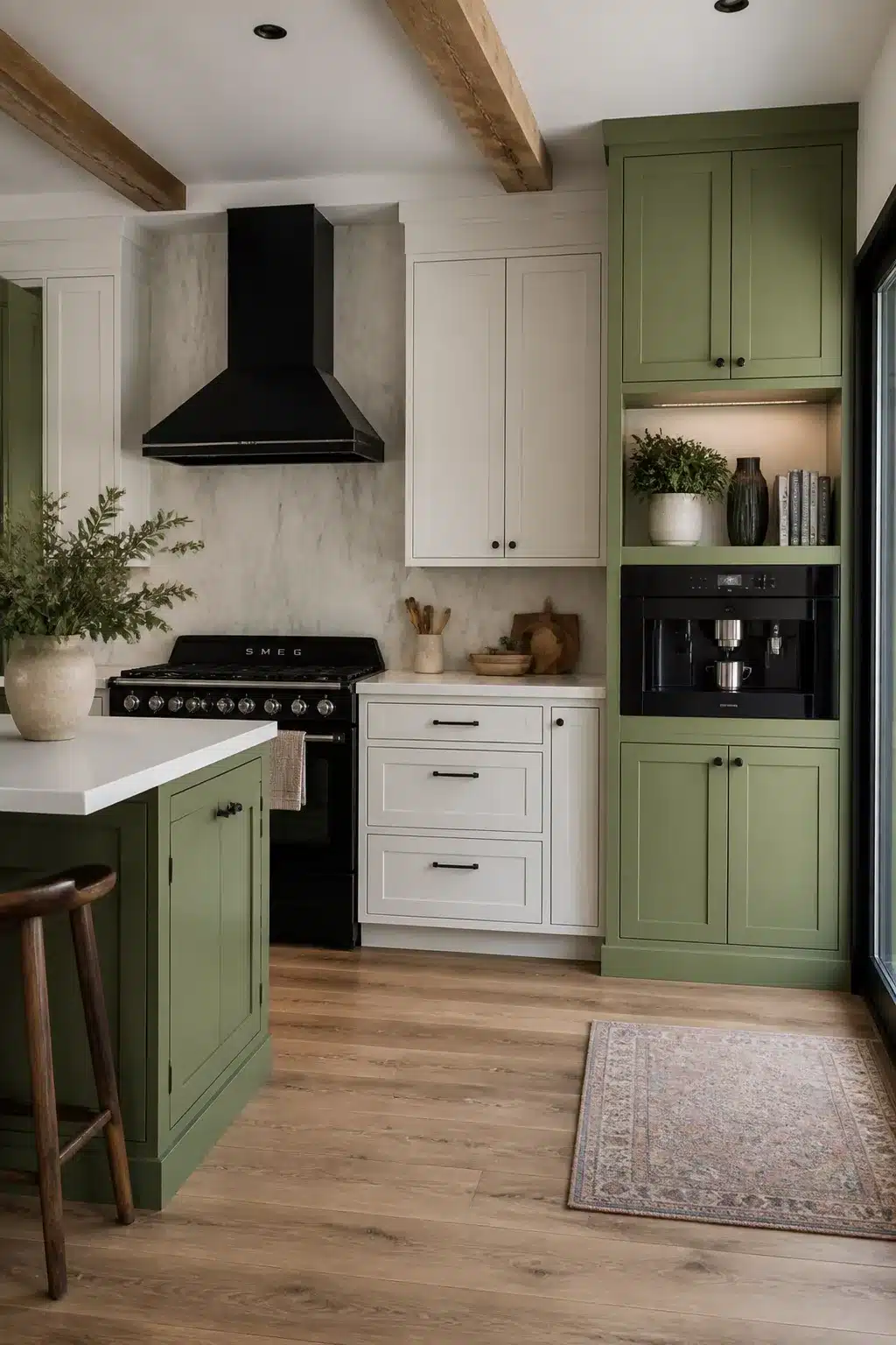 Olive green kitchen with black appliances including a Smeg range, built-in coffee station, and cream shaker cabinets