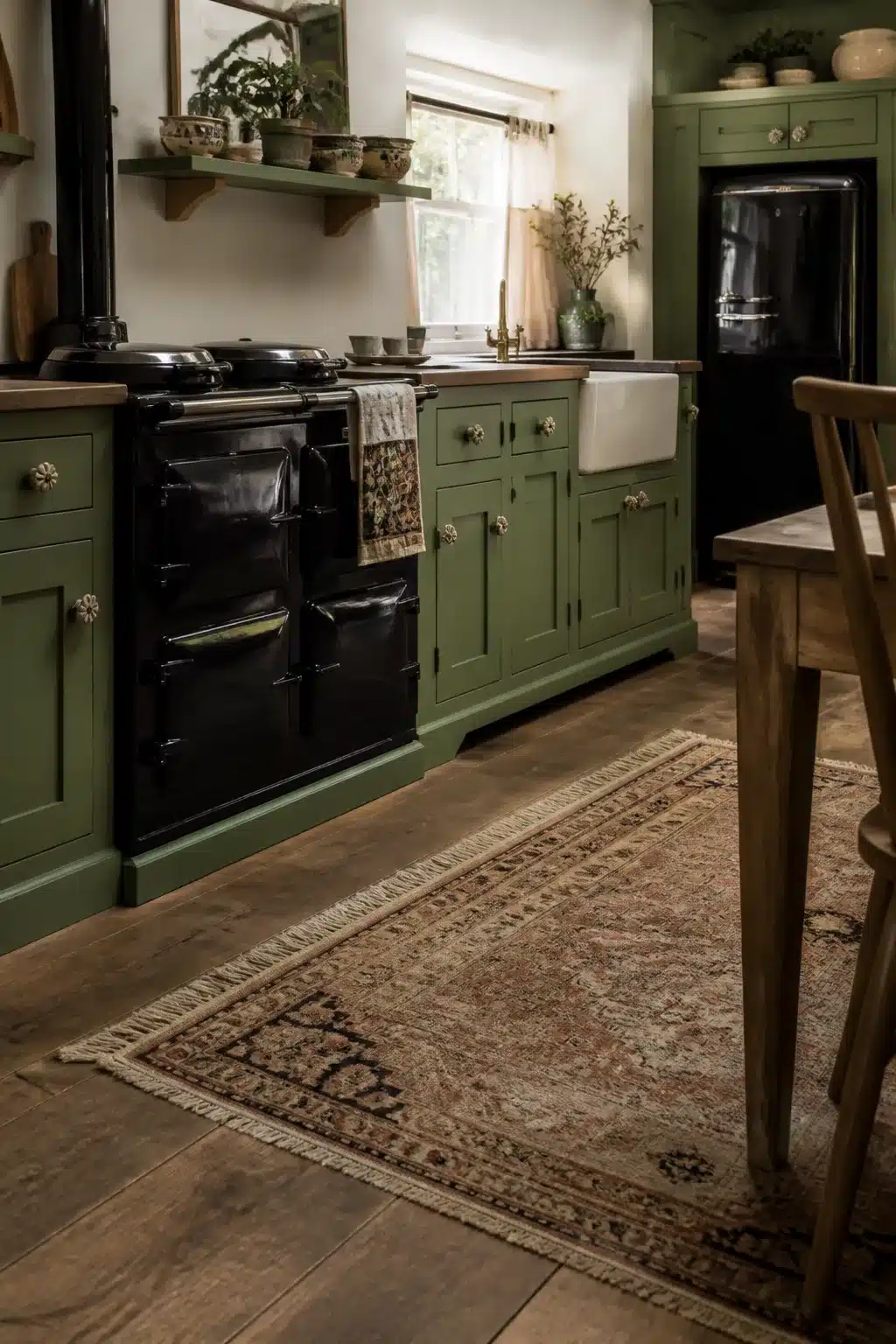 Sage green kitchen with black Aga range, farmhouse sink, warm wood floors, and vintage Persian rug